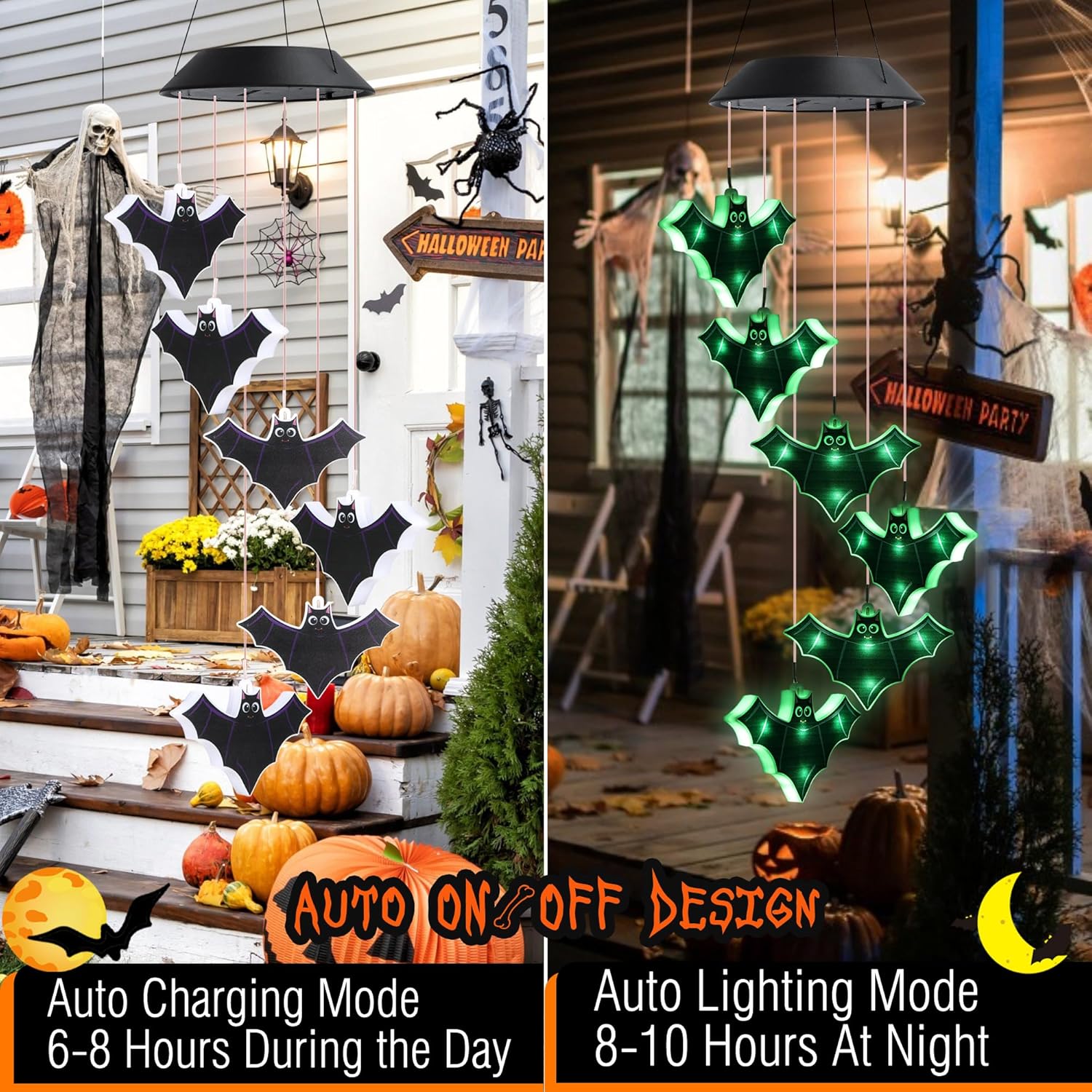 Luces decorativas de Halloween, luces de murciélago verdes aterradoras para exteriores, luces solares colgantes de Halloween, campanillas de viento