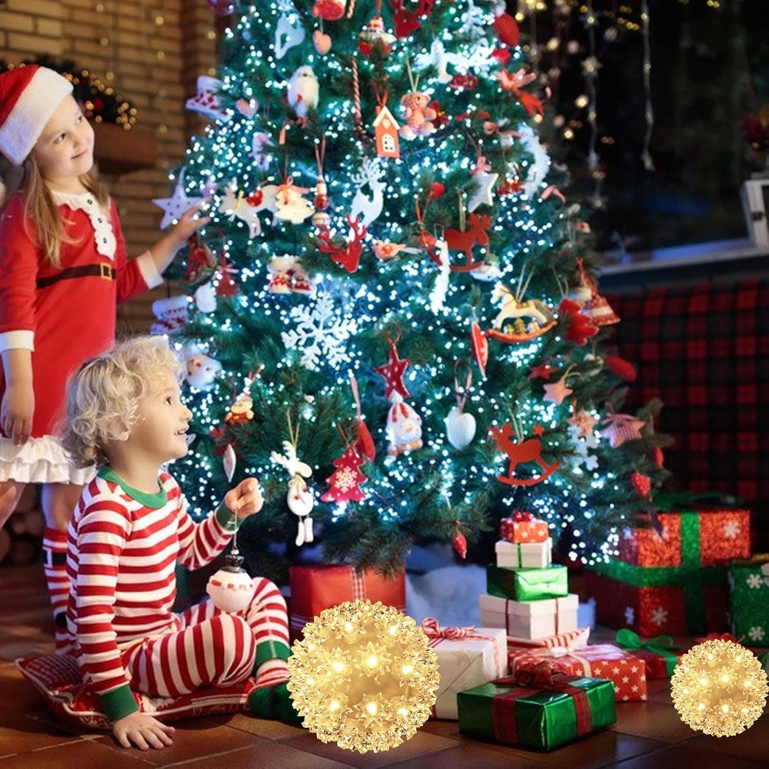 Luces de Navidad de 7 pulgadas brillantes para colgar al aire libre, luces parpadeantes, 100 luces LED de luz estelar, esfera blanca cálida, suave,