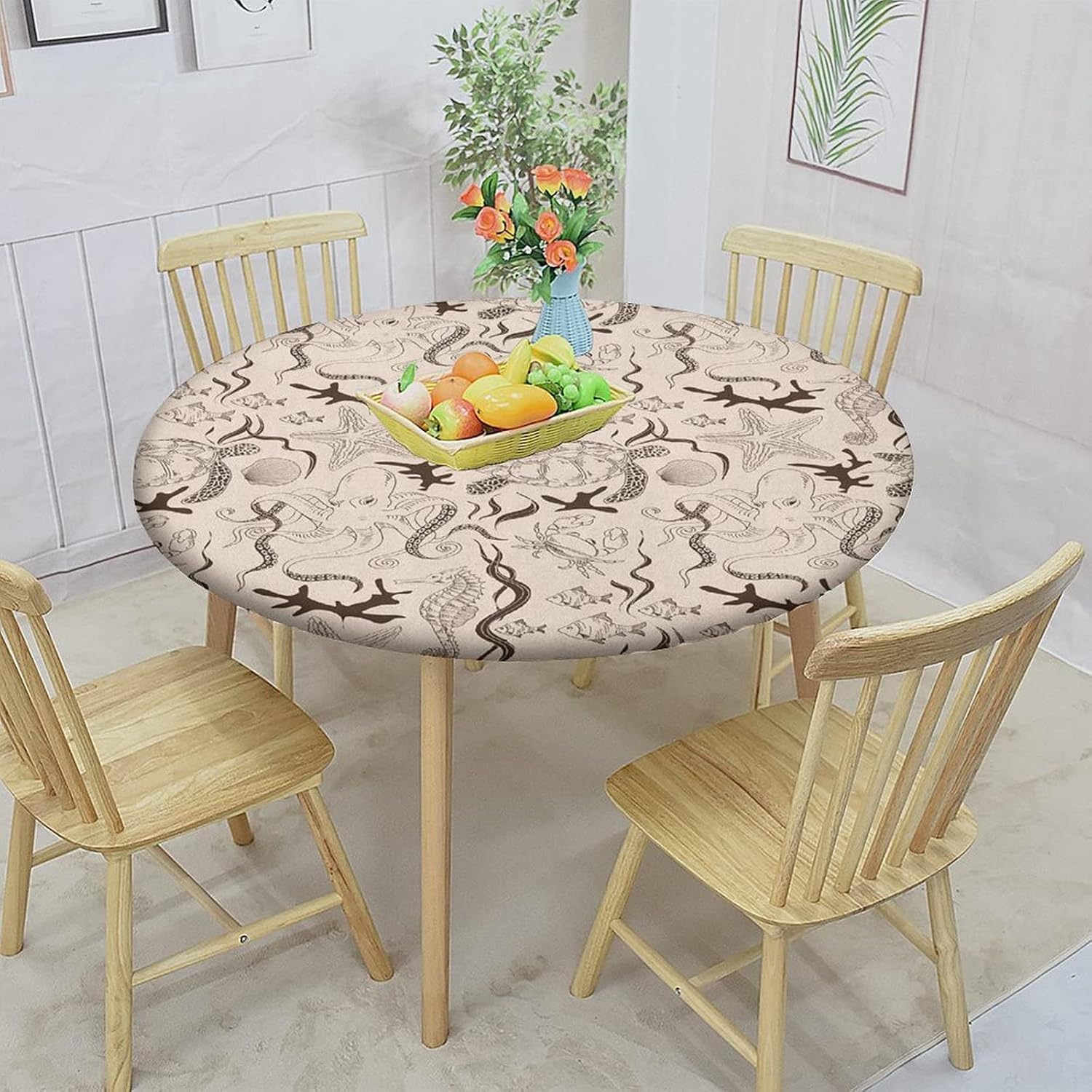 Mantel ajustable redondo decorativo, almohadilla de mesa ajustable de poliéster con bordes elásticos beige, animales marinos contemporáneos en
