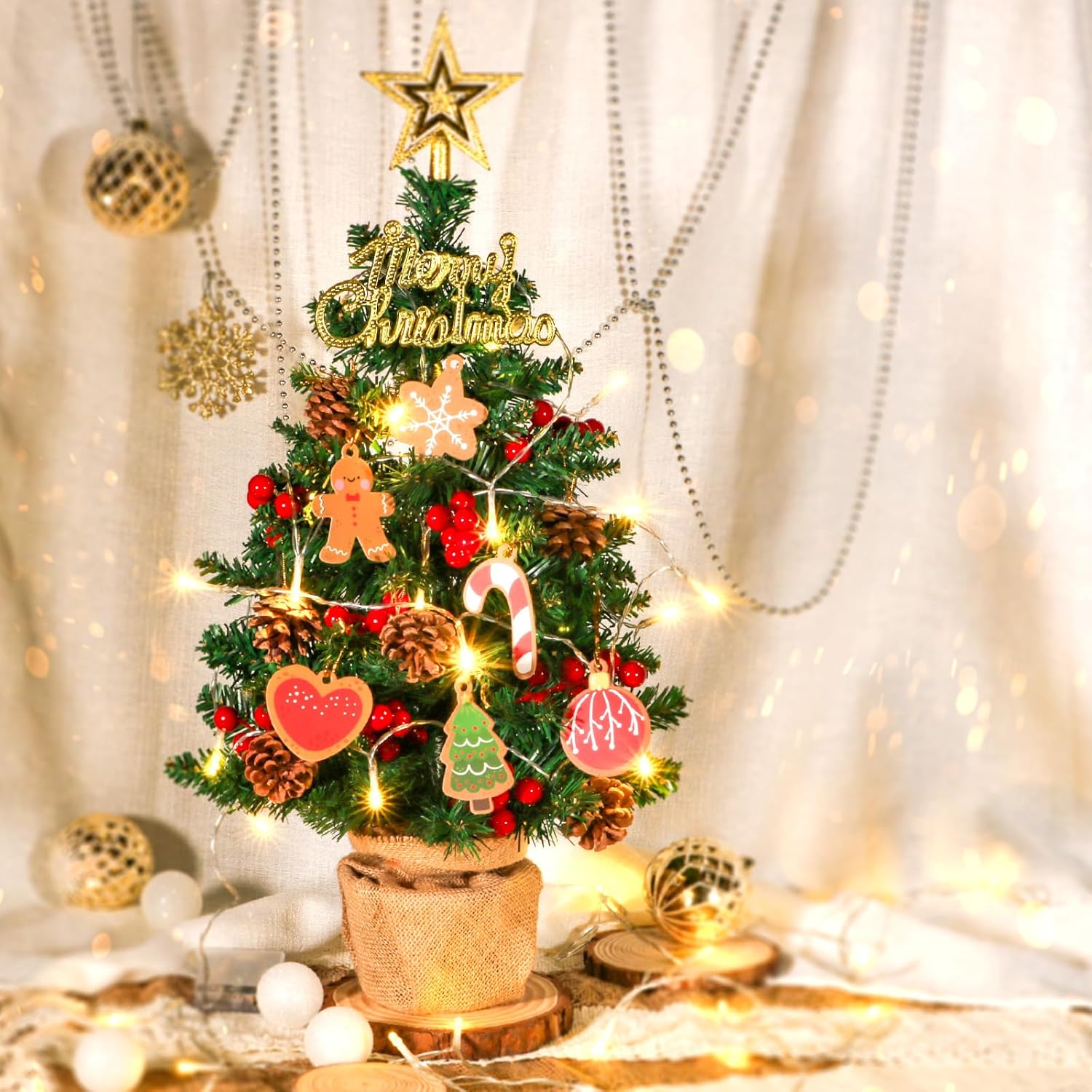 Mini árbol de Navidad artificial con luces, árboles de Navidad de mesa de 22 pulgadas, 65 puntas de rama, pequeños árboles de Navidad con adornos