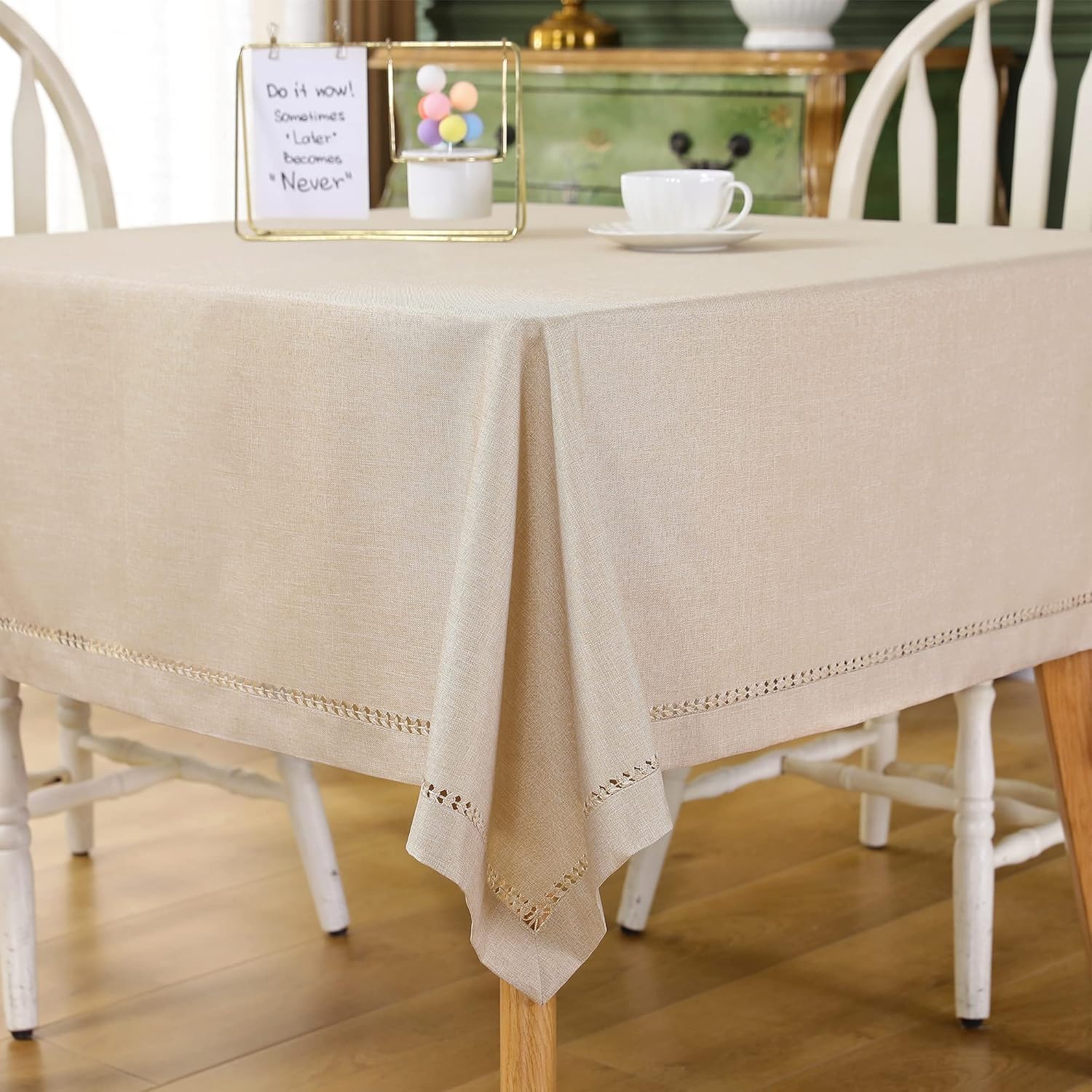Mantel hecho a mano con punto vainica, de lino sintético natural, cuadrado, rústico, para cocina, comedor, fiesta, color beige liso, 70 x 70 pulgadas
