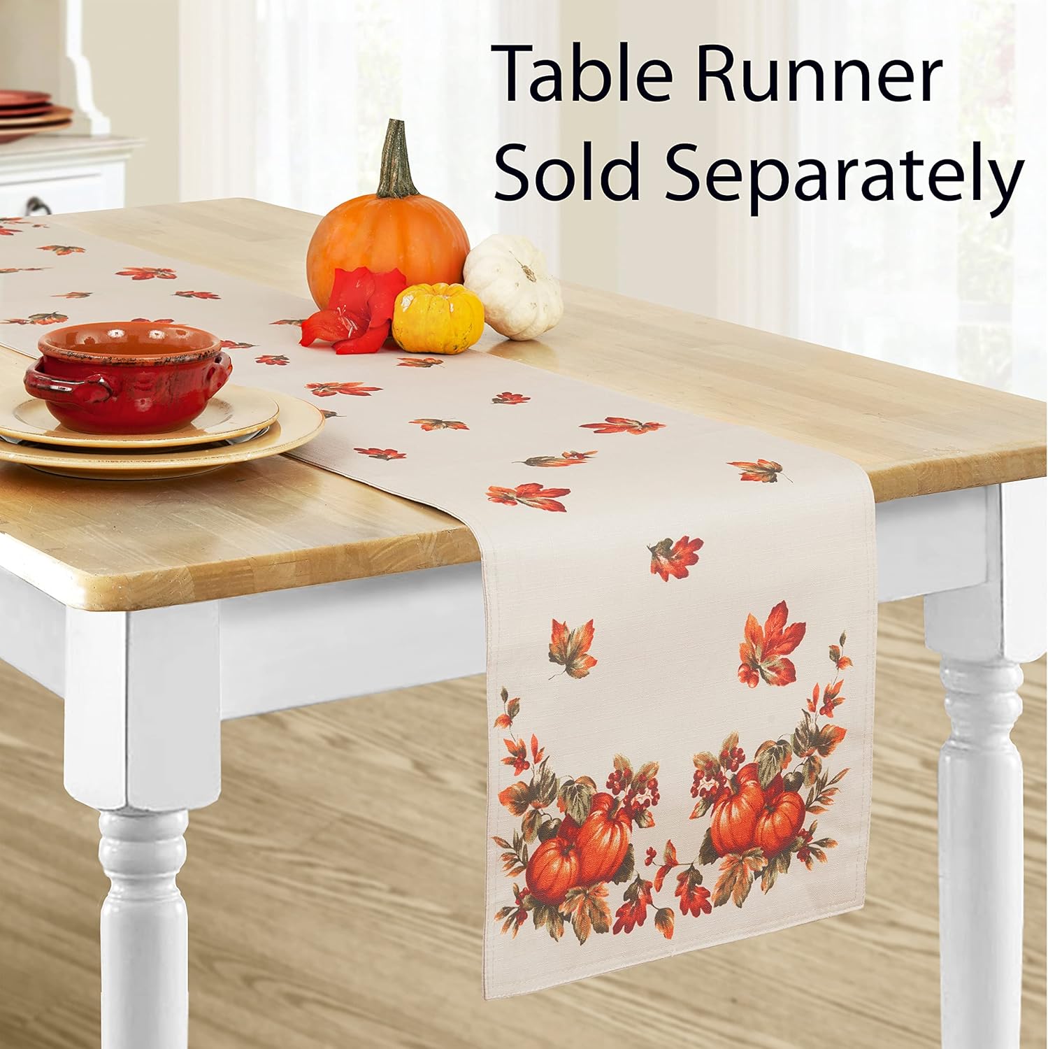 Mantel de Acción de Gracias Traditions con borde de cosecha de otoño, hojas de otoño y parche de calabaza, mantel de tela de fácil cuidado, 52 x 52