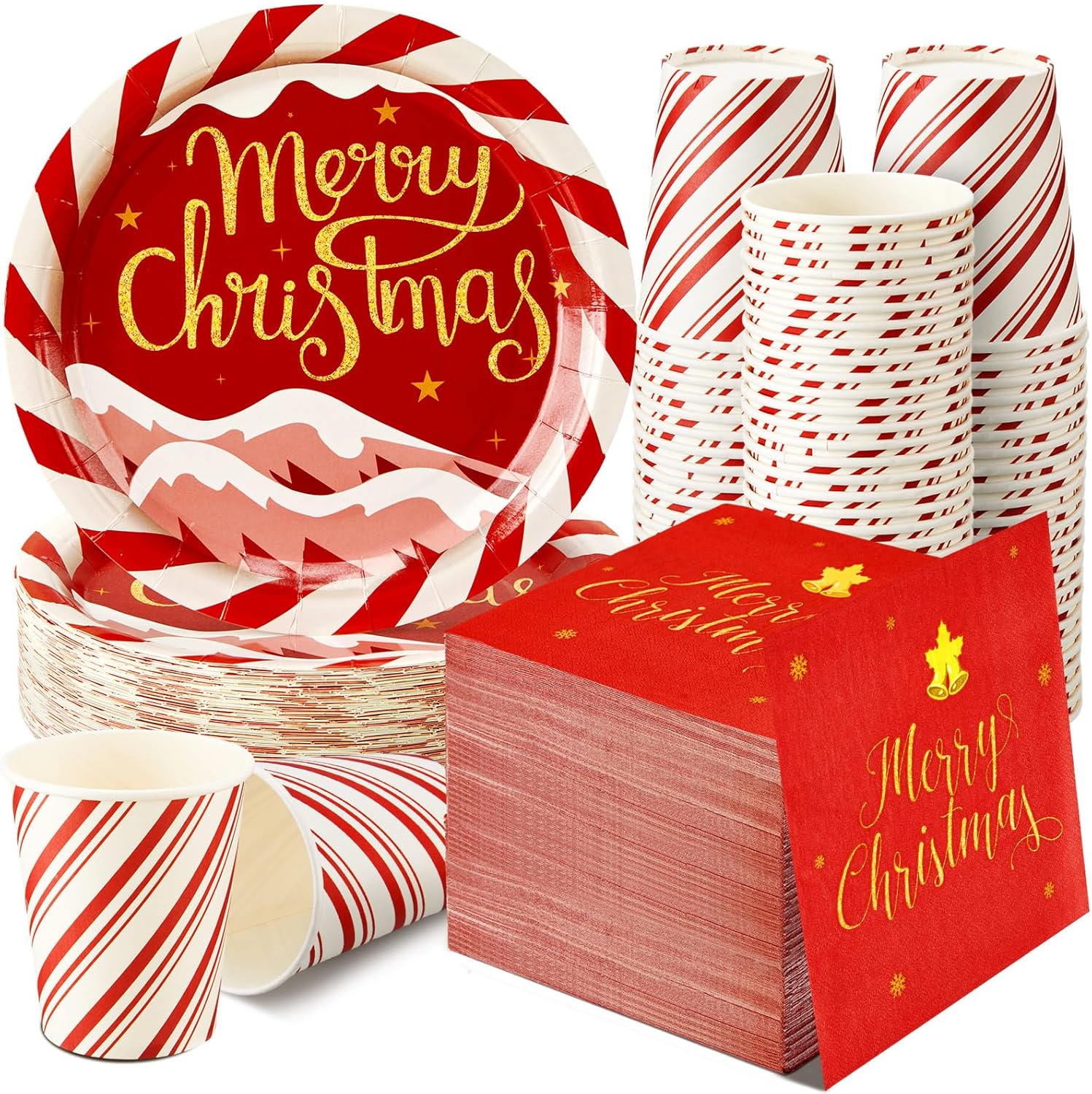 Juego de vajilla de 200 piezas para fiesta de Navidad, bastón de caramelo, a rayas, para 50 platos de papel desechables de 9 pulgadas, taza de 9