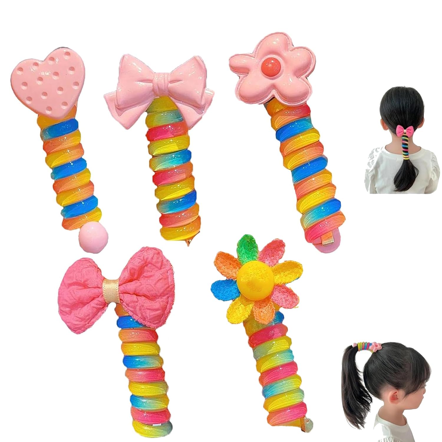 5 bandas de pelo coloridas para niños, lazos de pelo en espiral, cable telefónico, cable de teléfono, lazos rectos en espiral, 5 estilos de regalo