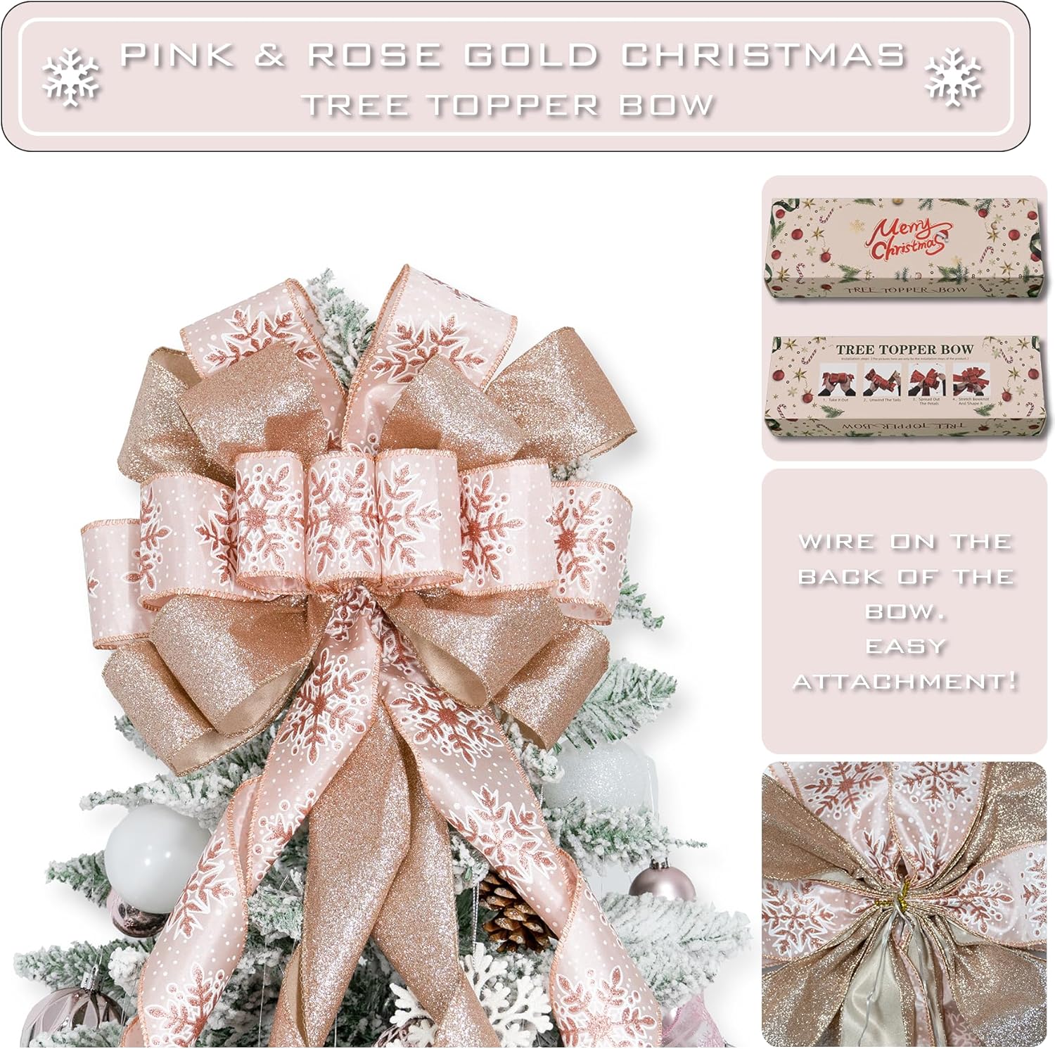 Hismir Decoración para árbol de Navidad con lazo de purpurina de 53 x 13 pulgadas con serpentina de cinta, copo de nieve rosa y dorado rosa