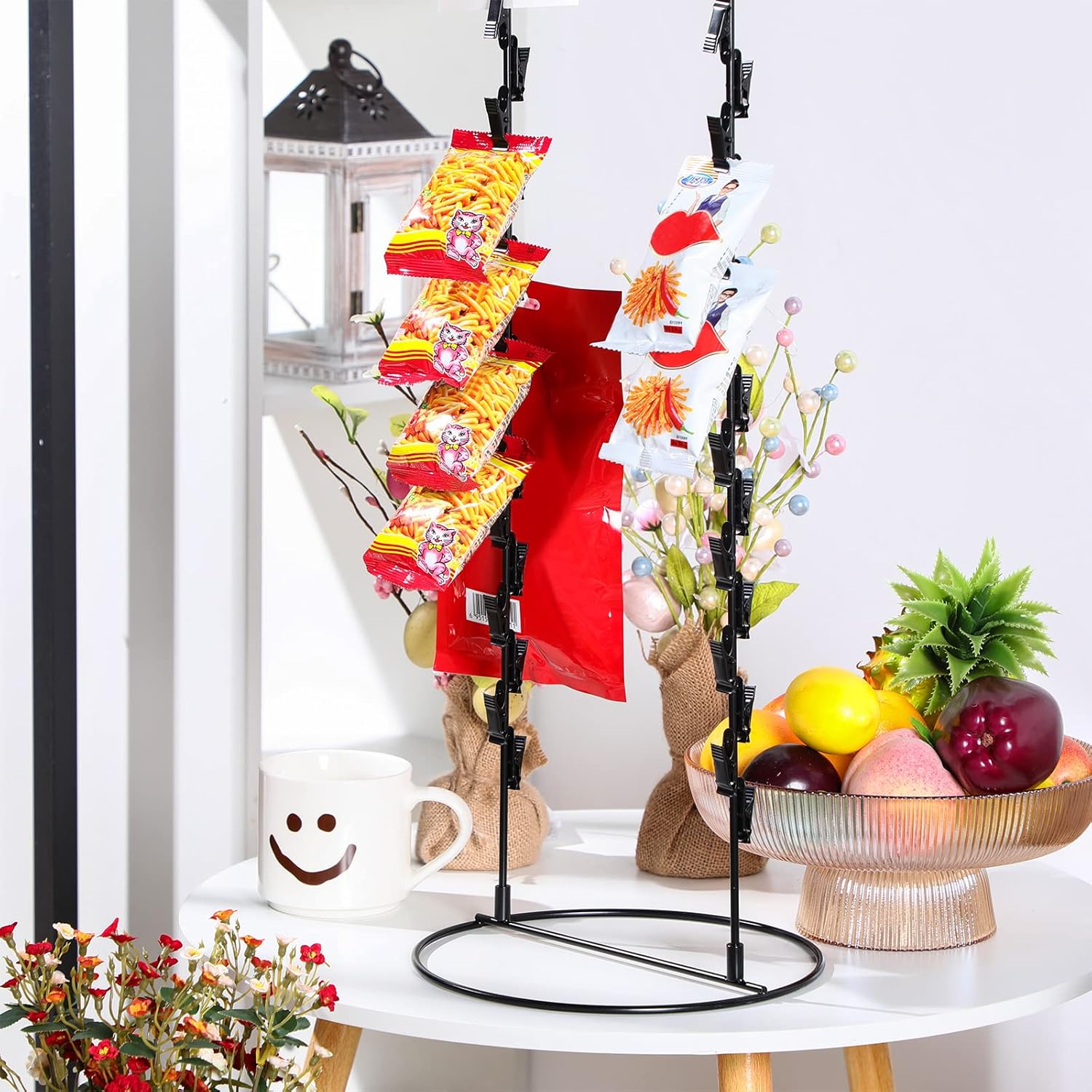 Estante para aperitivos con clip para encimera, estante para papas fritas, soporte para bolsas de chips de caramelo, soporte para bolsas de 2 hebras