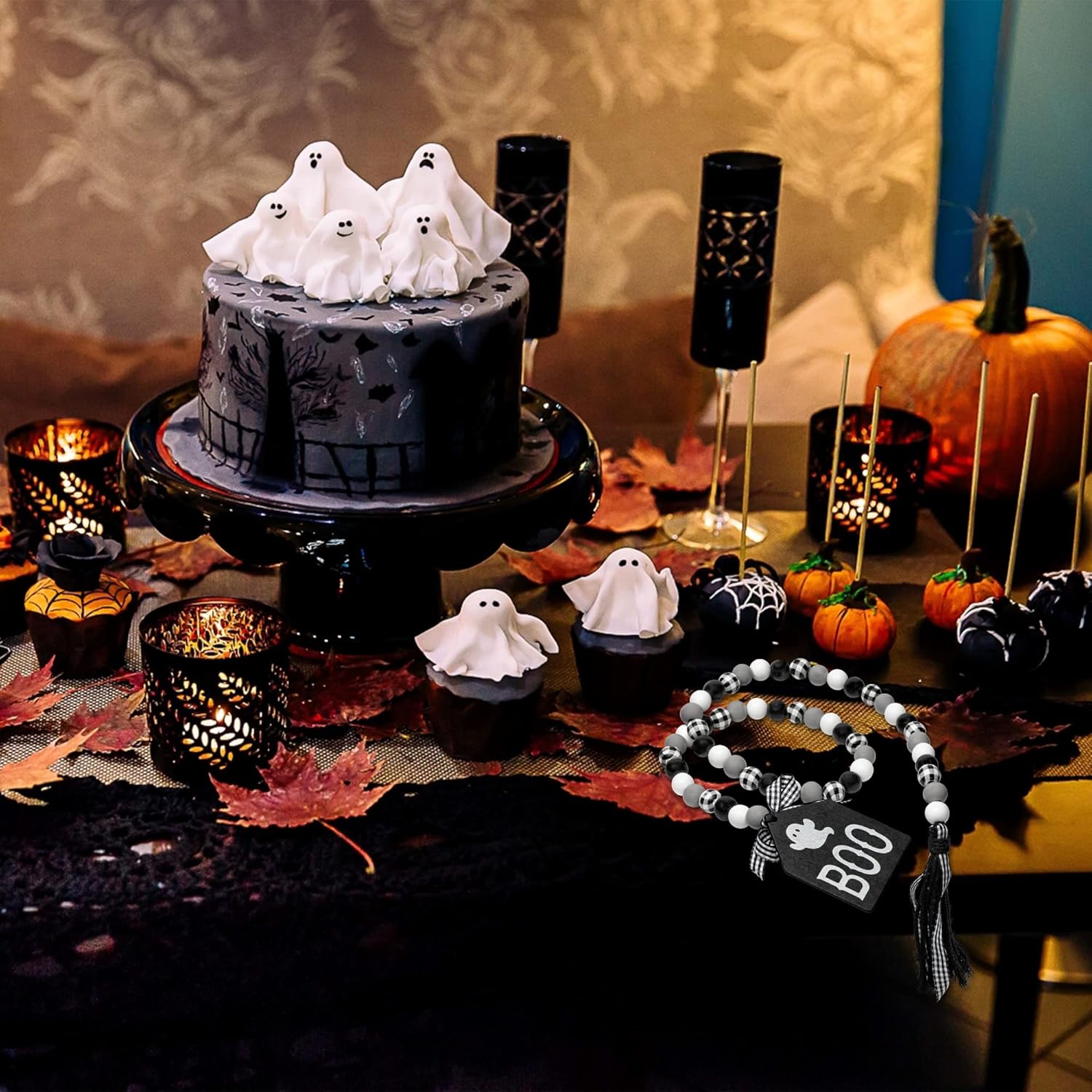 Guirnalda de cuentas de madera de Halloween, guirnalda de cuentas de madera de 40 pulgadas con cuerda de yute, borla a cuadros, etiqueta clásica de