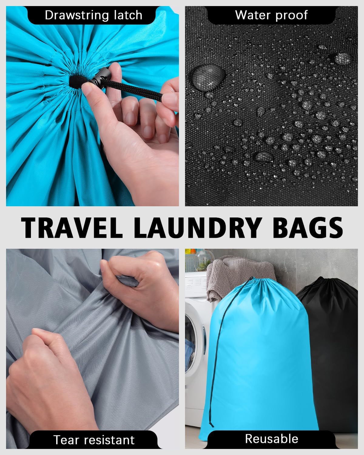 Bolsas de lavandería de viaje, paquete de 3 bolsas grandes para ropa sucia, bolsa de lavandería con cordón, bolsa de lavandería impermeable, bolsa