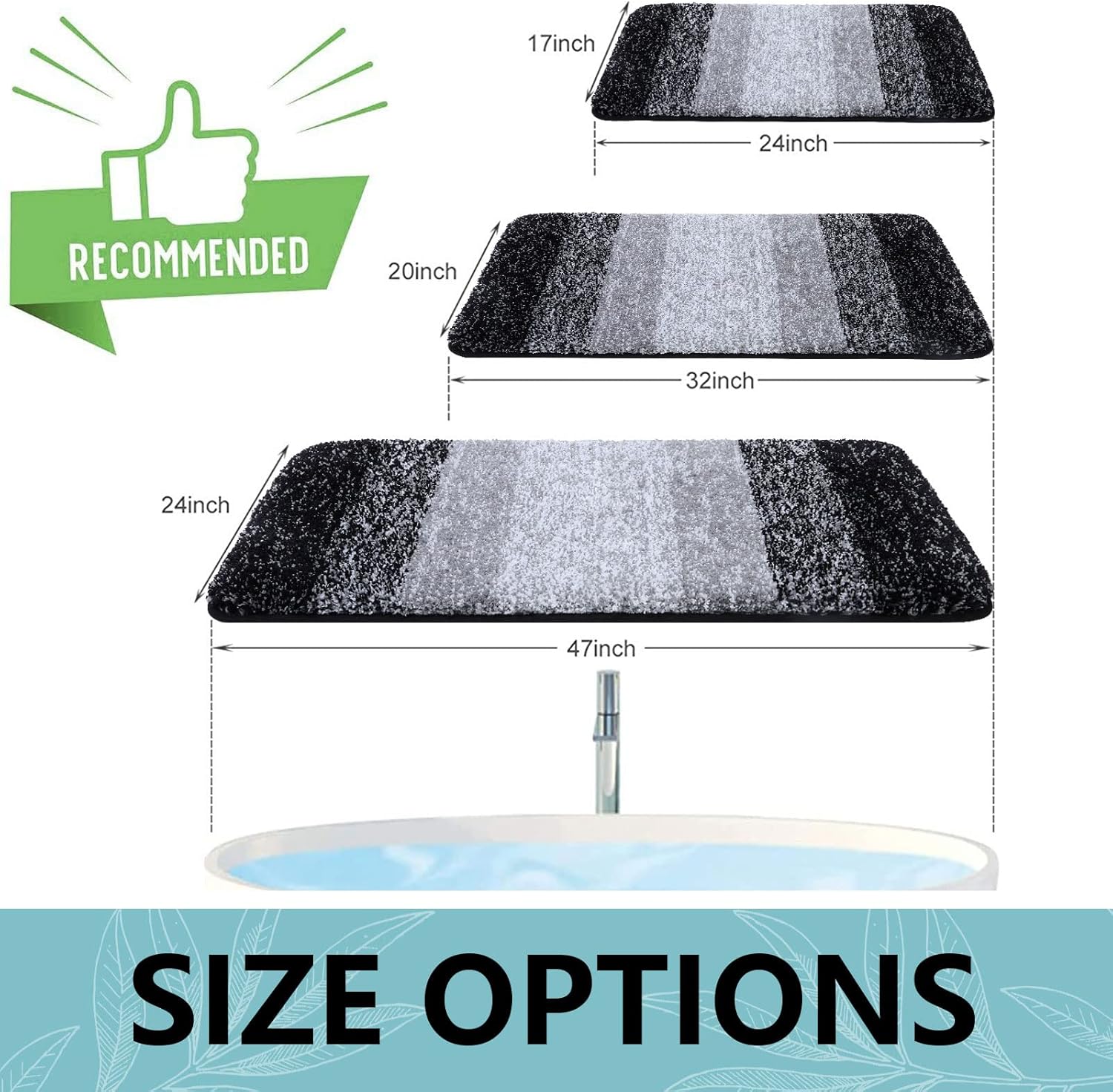 Arotive Alfombras de baño de microfibra de 2 piezas, tamaño 24 x 16 y 47 x 17 pulgadas, color negro, paquete de 2 artículos