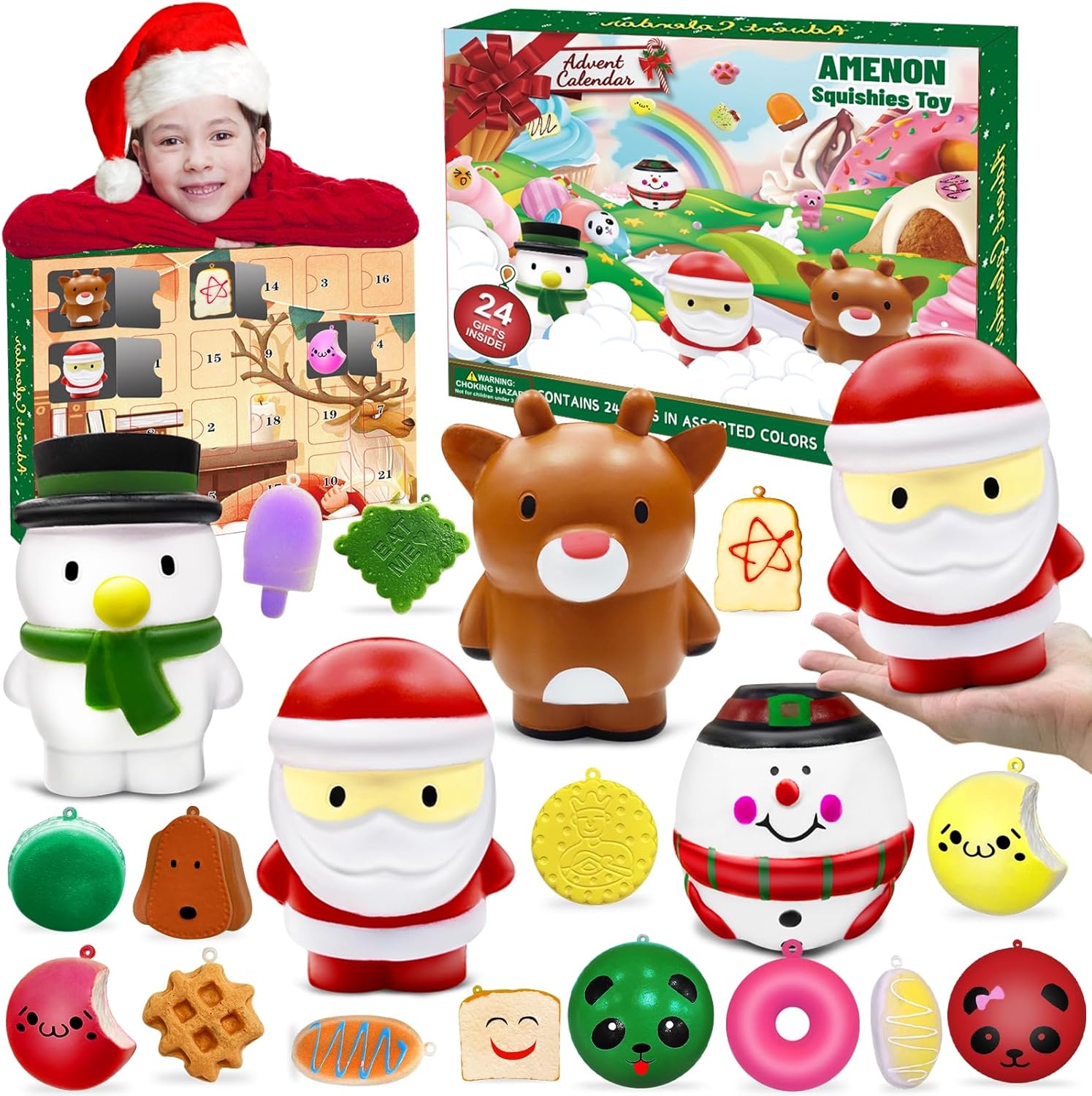 Christmas Fidget Advent Calendar 2023 for Kids 24 Days of Surprises Stress Relief Toys Countdown Calendar 4 Xmas Jumbo Slow Rising + 12 Animals + 8