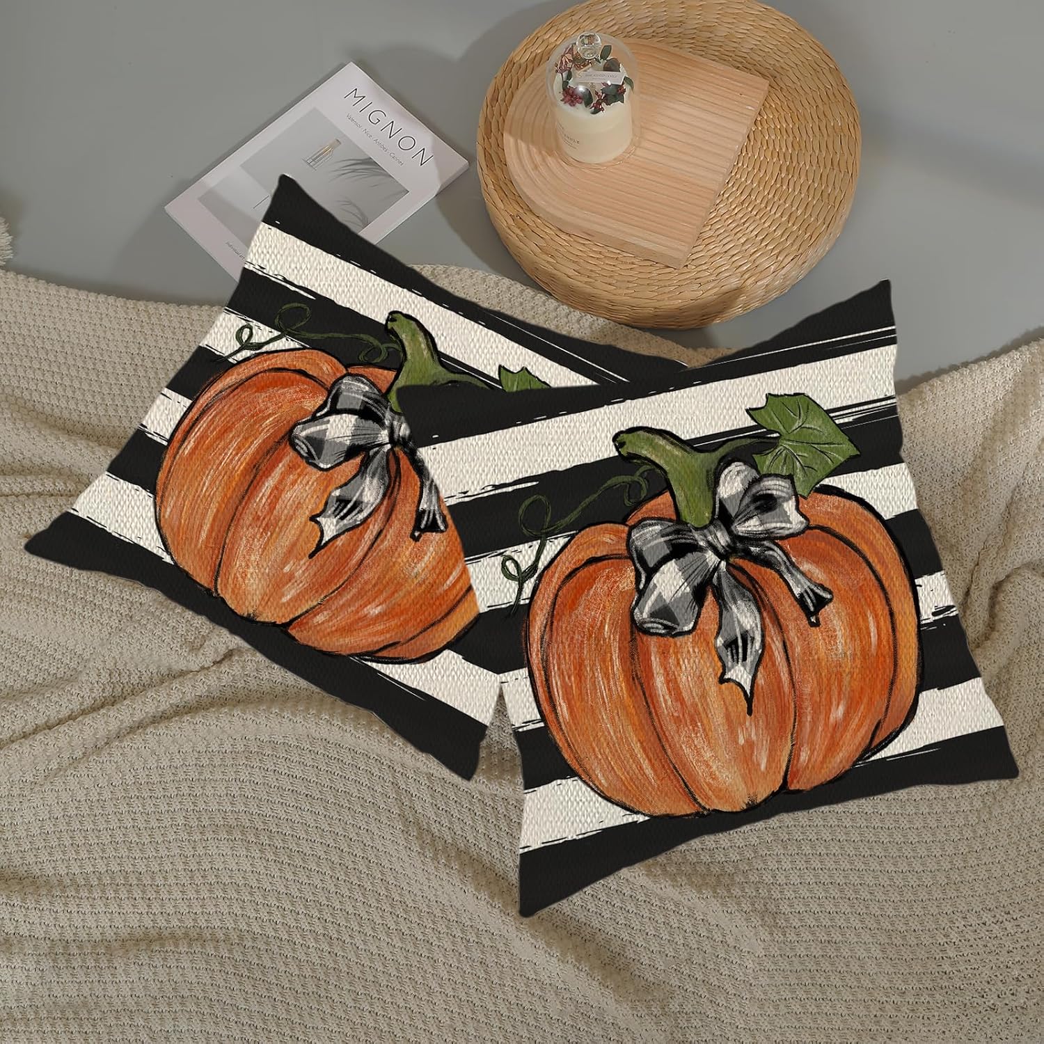 Juego de 2 fundas de almohada de otoño de 16 x 16 pulgadas, diseño de hojas de arce y rayas, decoración de otoño, de lino, Acción de Gracias, para