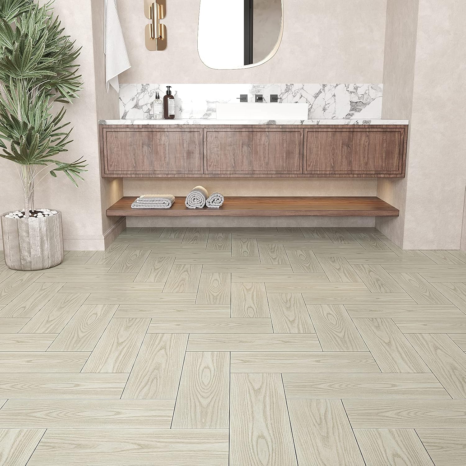 VEELIKE Paquete de 12 pisos de tablones de vinilo de madera gris beige de 6 x 36 pulgadas, azulejos de piso de suelo de madera para despegar y