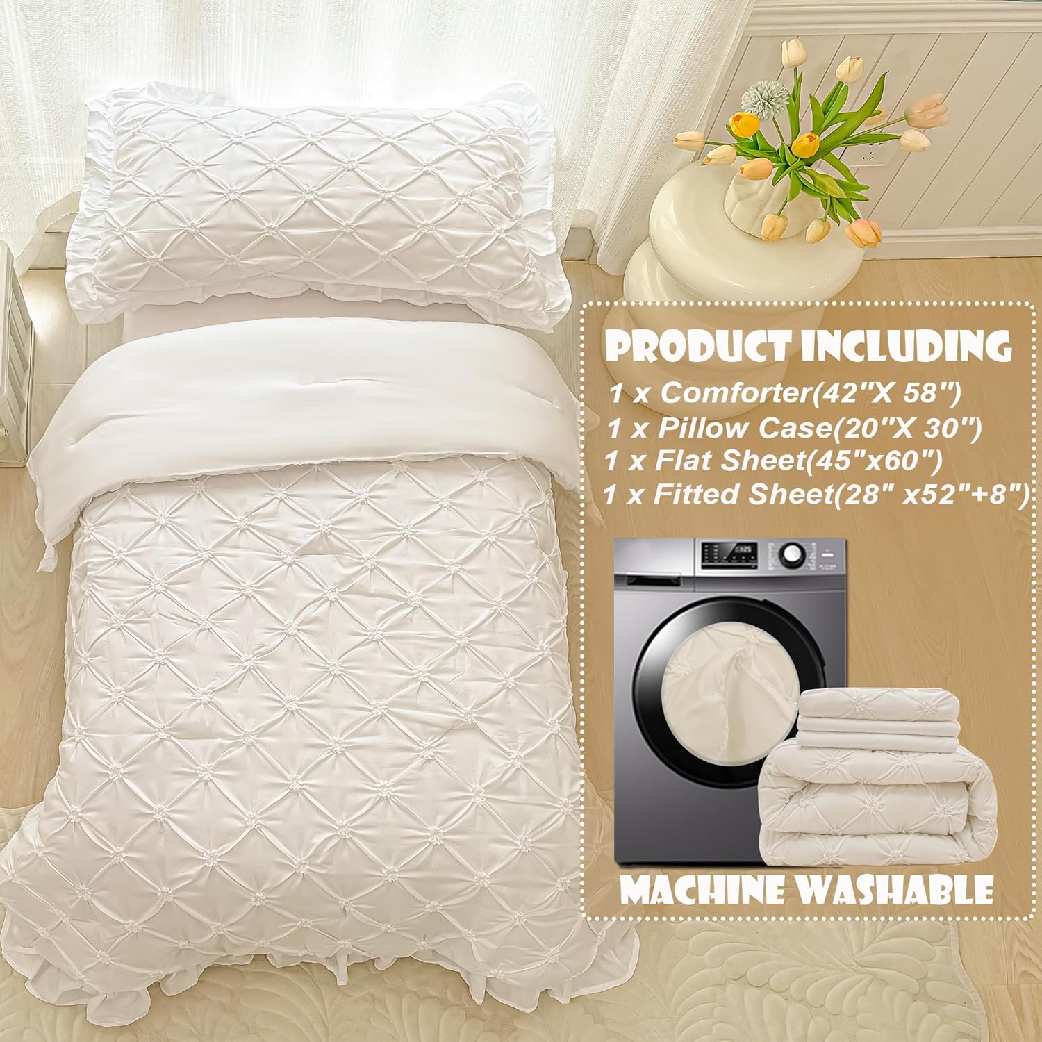 VIVILINEN Juego de ropa de cama para niñas pequeñas de 4 piezas con pliegues de color blanco fruncido floral 3D con diseño de pintuck para bebés y