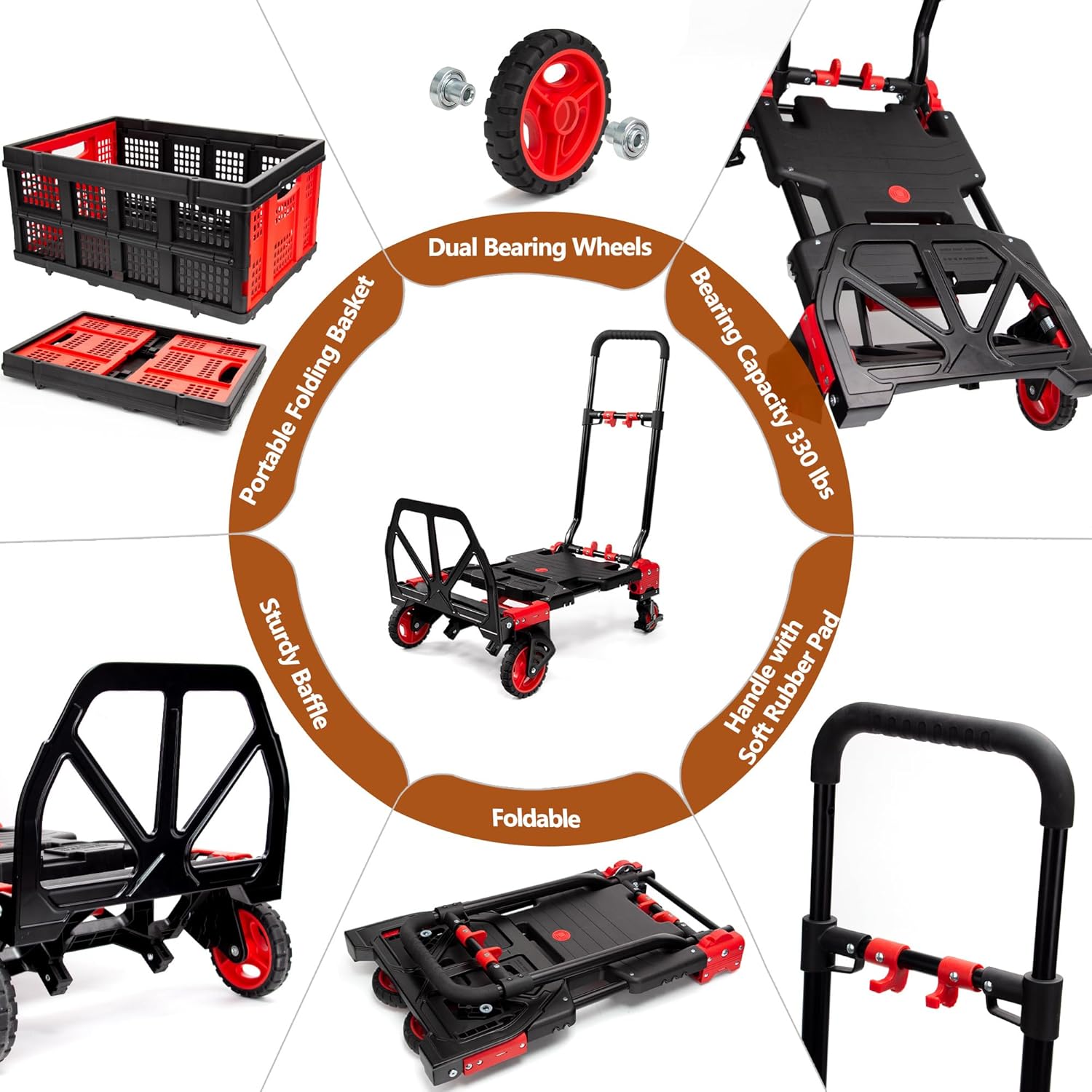 Carro de mano plegable 2 en 1 con cesta, carrito de mano plegable de capacidad de 330 libras, carrito de mano plegable con mango retráctil, carrito
