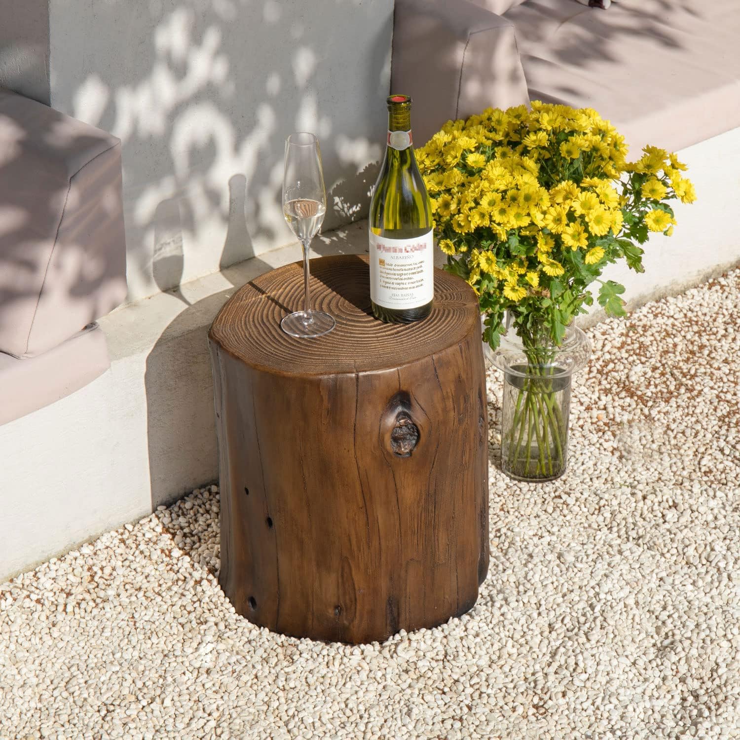 COSIEST Mesa auxiliar para exteriores, madera sintética de color nogal, taburete de madera pintada a mano, otomana o soporte para plantas, cubierta