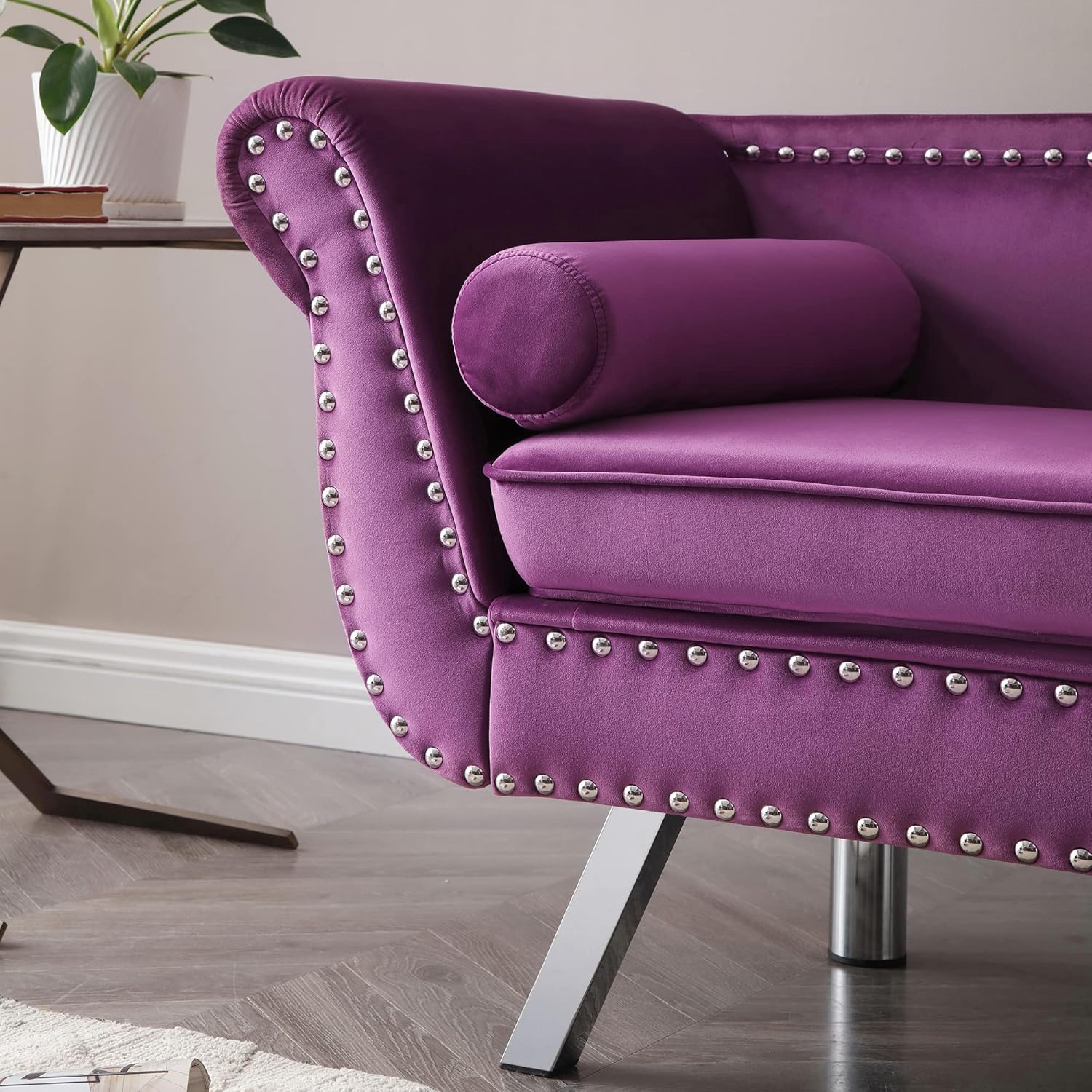 Sofá biplaza de terciopelo de 61 pulgadas, sofá Chesterfield tapizado con 2 almohadas redondas, sofá biplaza moderno de mediados de siglo con