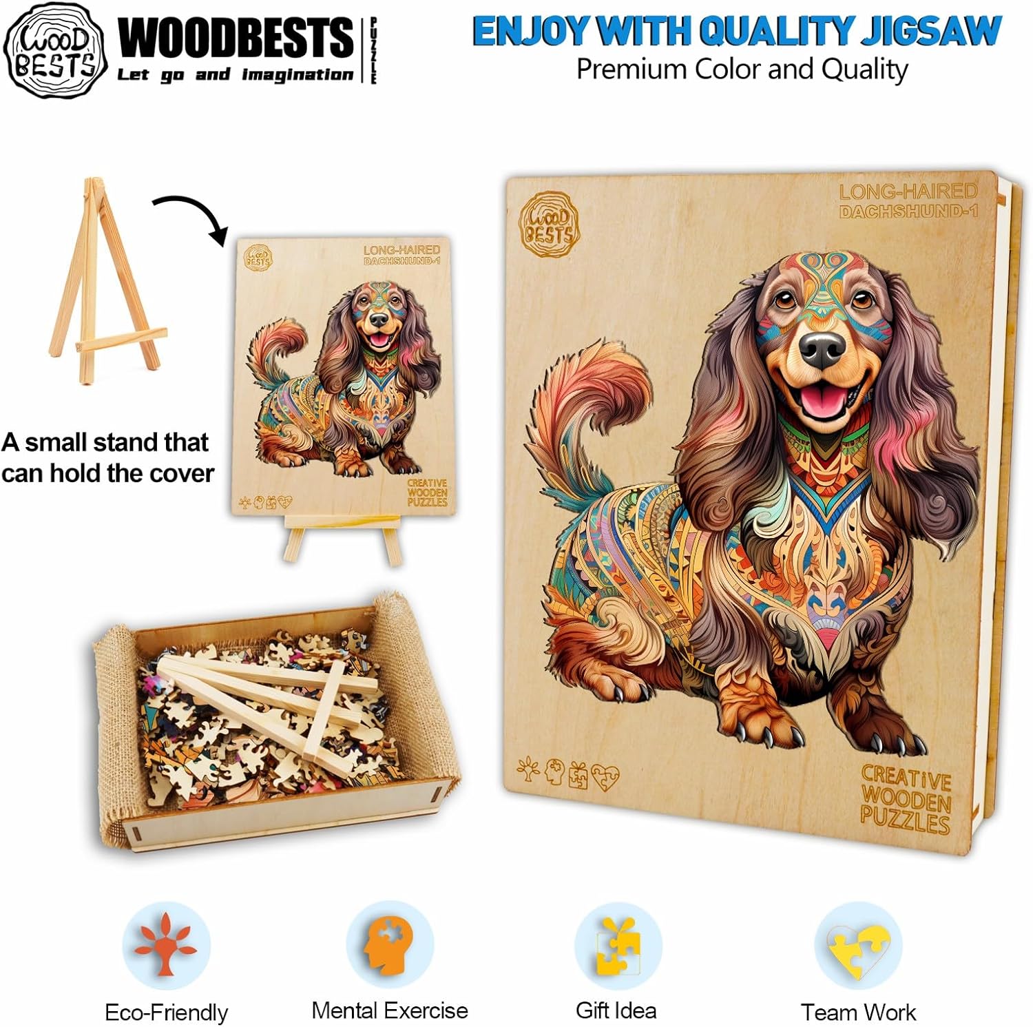 WOODBESTS Rompecabezas de madera para adultos, rompecabezas de perro salchicha de pelo largo (L, 260 piezas, 13 x 13.3 pulgadas), hermosa caja de