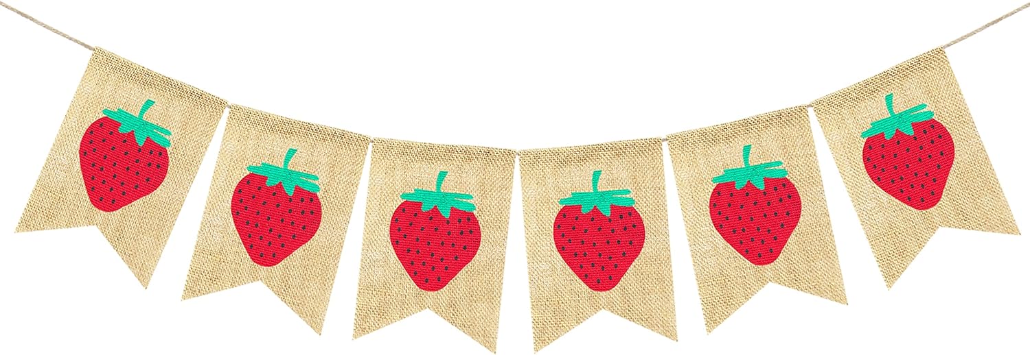 Guirnalda de arpillera de fresa, decoración de fiesta de cumpleaños con temática de fresa, suministros de decoración de fiesta de cumpleaños,