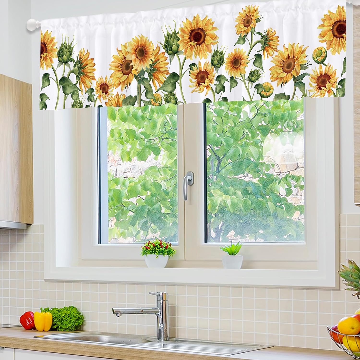 Cortina rústica con cenefa de girasol para ventana, estilo bohemio, con bolsillo para barra, cortina de cocina con estampado floral de granja,