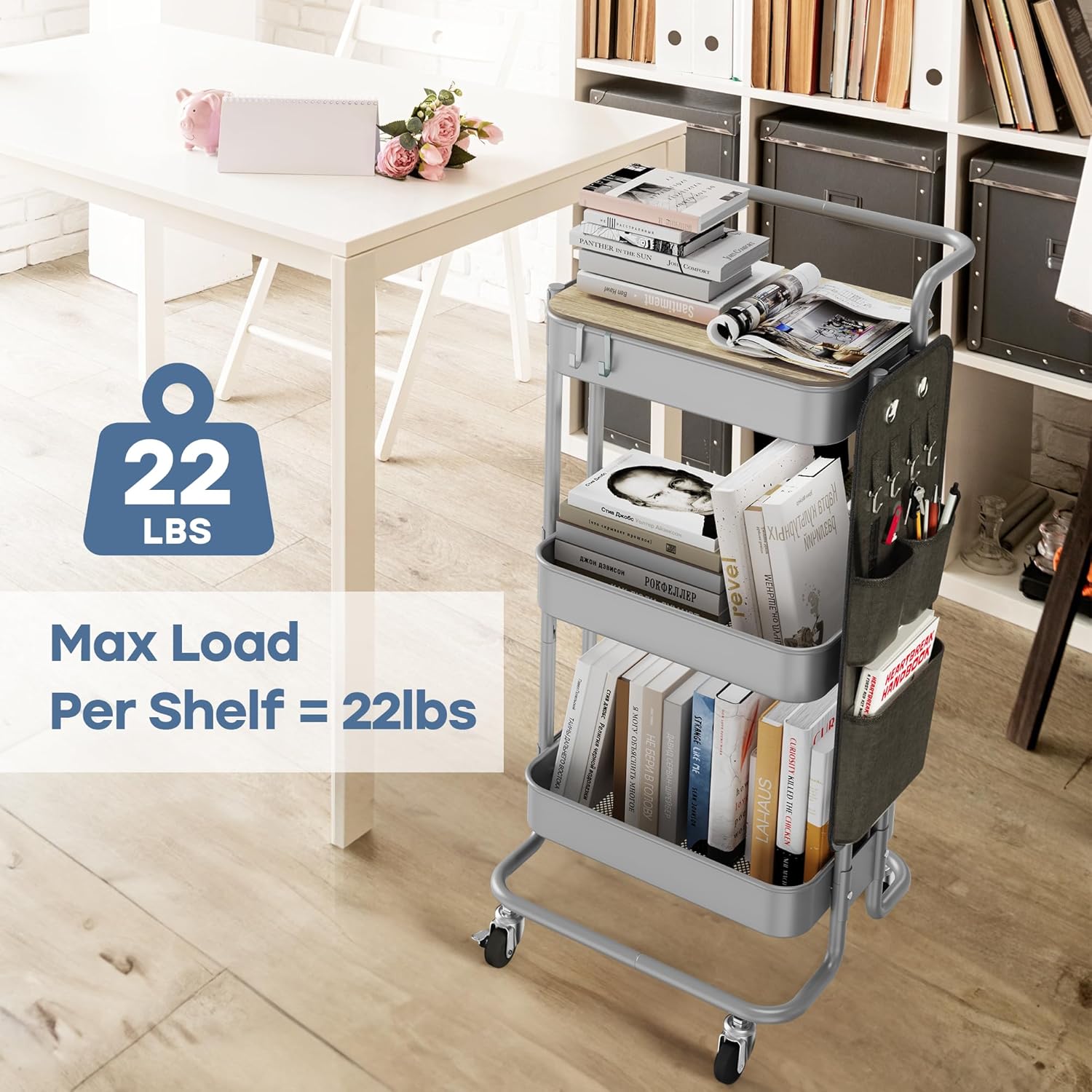 DTK Carrito de metal de 3 niveles con mesa y bolsas laterales, bandeja organizadora de almacenamiento, 4 ganchos para cocina, baño, oficina, sala de