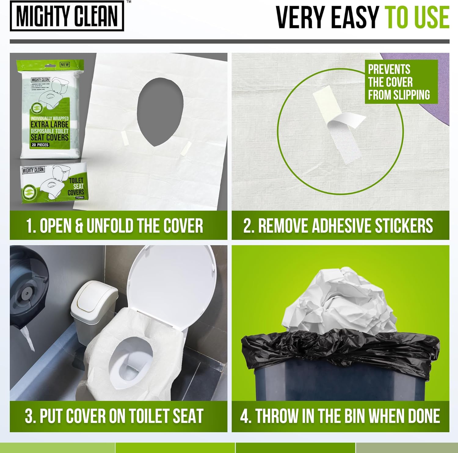 Mighty Clean – Fundas desechables para asiento de inodoro XL, 100% impermeables, envueltas individualmente, fundas extra anchas para adultos y