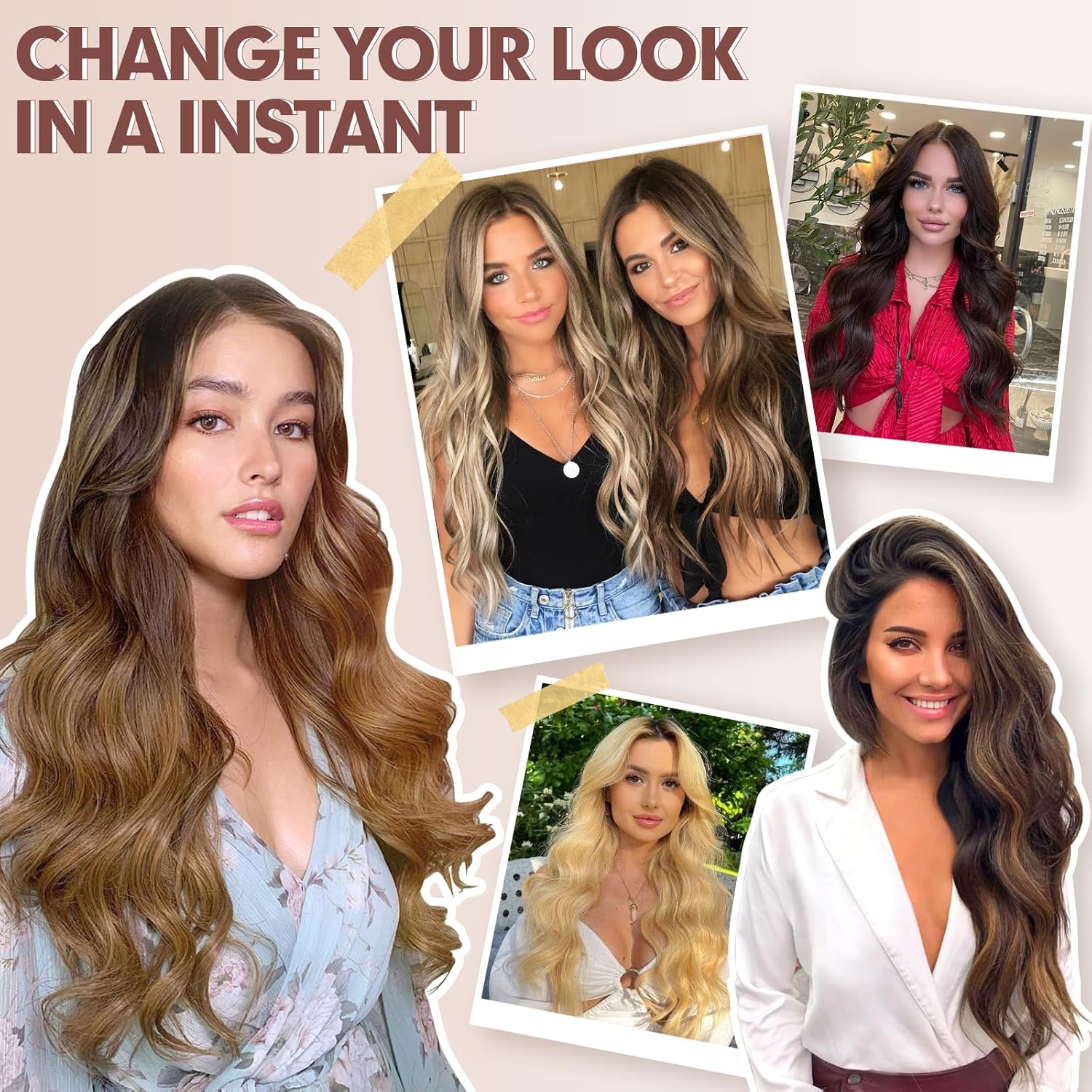 FESHFEN Extensiones de cabello con clip, 4 piezas de extensiones de cabello sintético largo ondulado con clip, extensiones de cabello sintético de