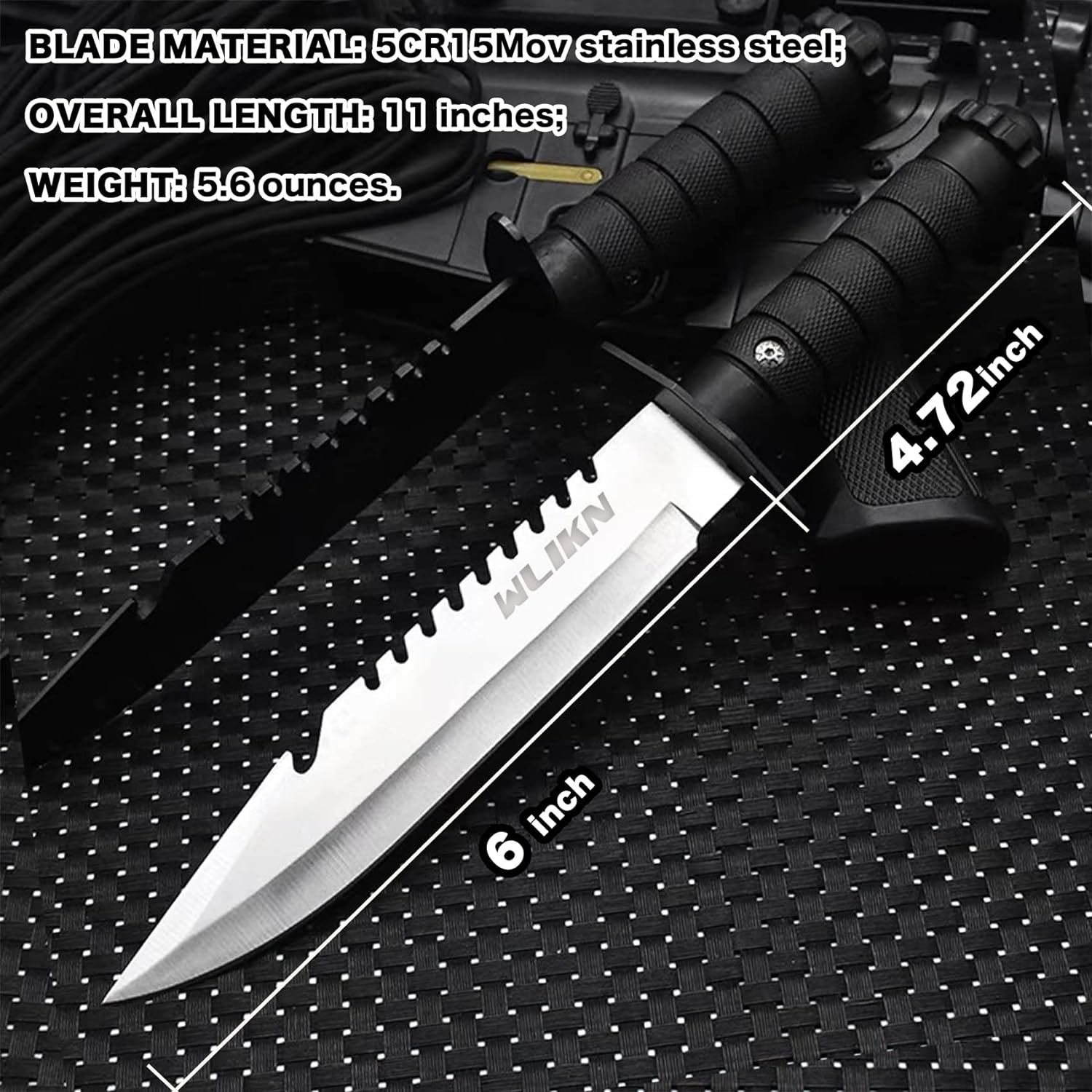 Wlikn Cuchillo de hoja fija con funda, cuchillo Bowie de supervivencia de hoja de un solo borde de 5 pulgadas con mango antideslizante, para