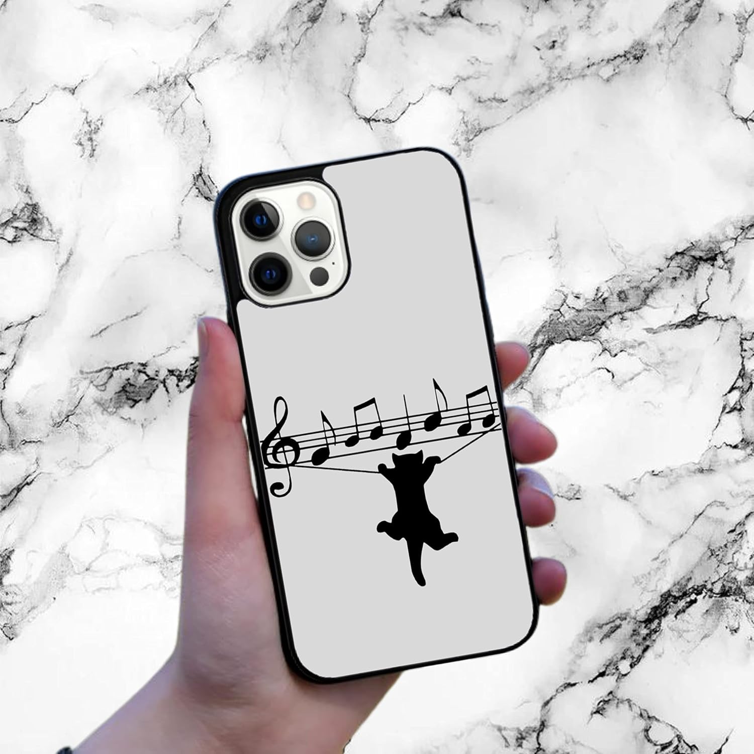 Funda estética de músico con notas musicales de color gris para amantes de los gatos negros, compatible con iPhone 14, funda delgada de goma TPU