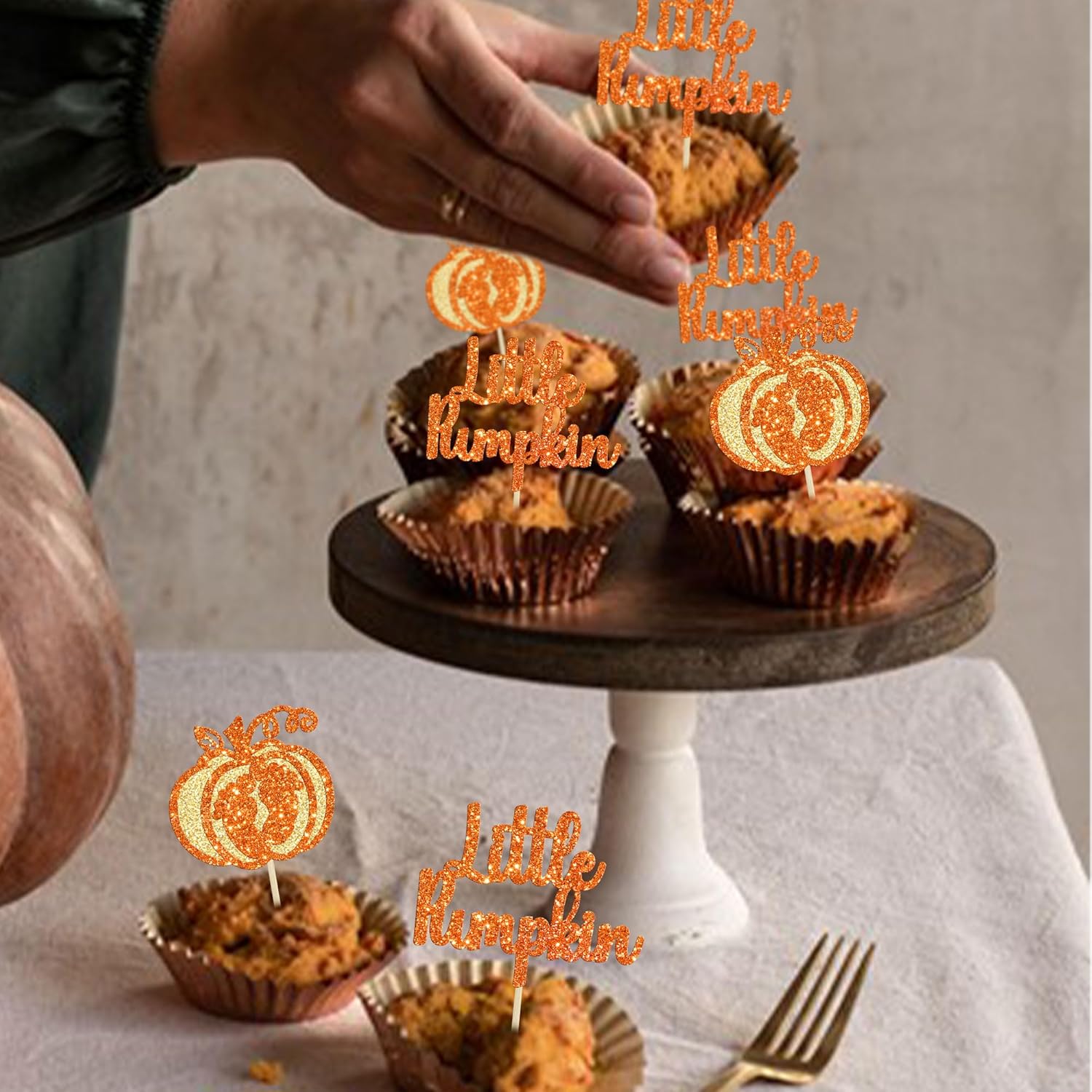 Gyufise 24 adornos para cupcakes de calabaza con purpurina con temática de otoño, decoración de cupcakes para baby shower, pies de bebé, palillos