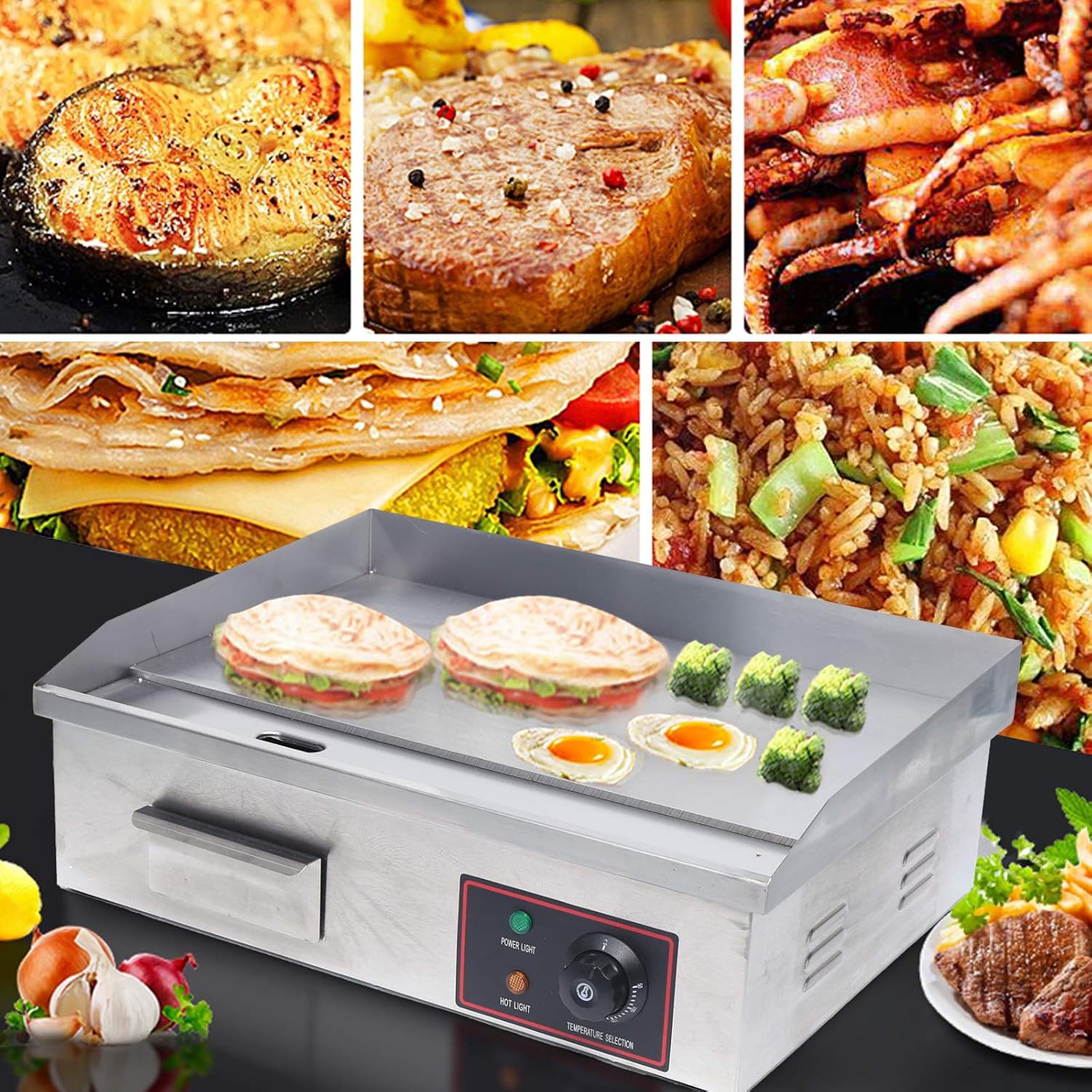 Plancha eléctrica comercial de 1600 W, 22 pulgadas, parrilla superior plana, placa caliente, barbacoa, antiadherente, grande, control termostático