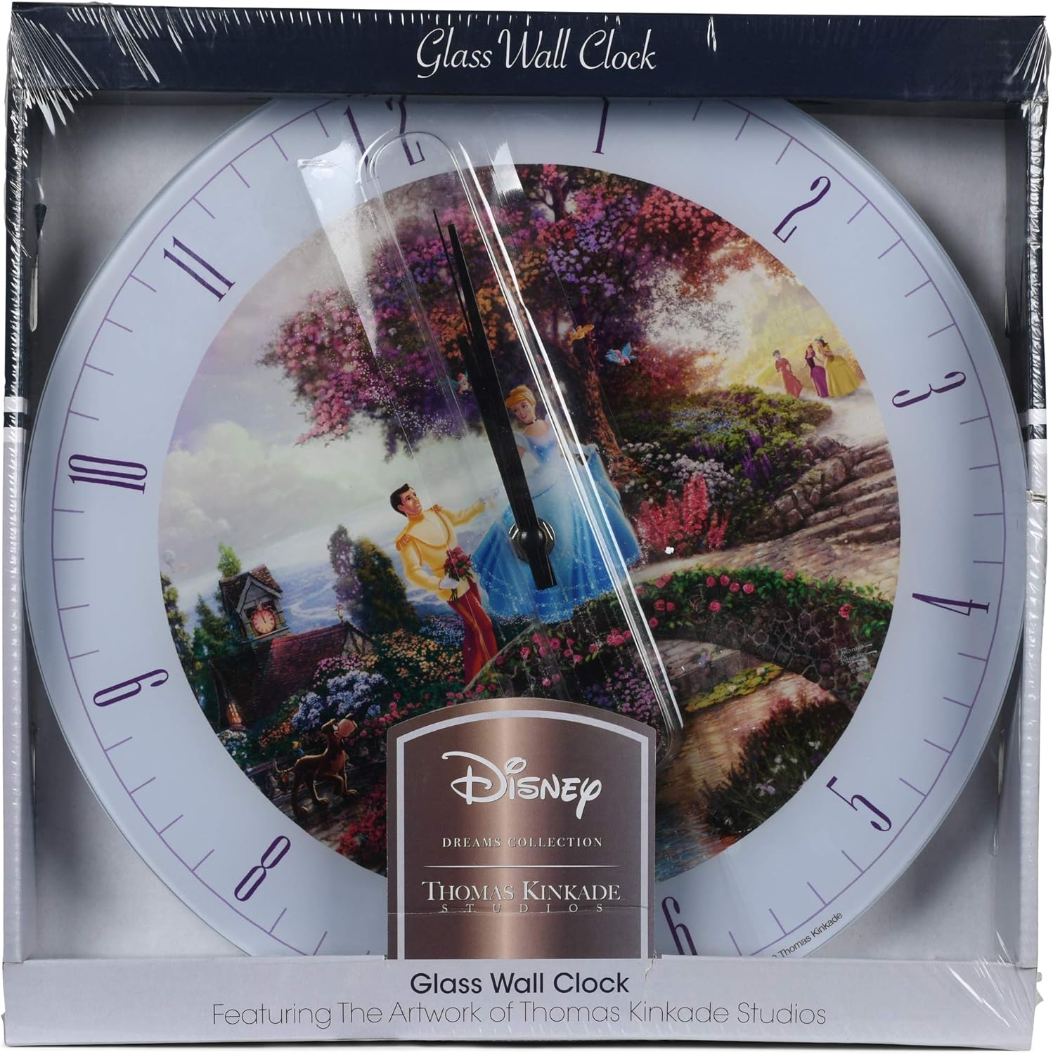 Mark Feldstein & Associates Cinderella Disney Kinkade Wishes Upon A Dream Blue Reloj de pared redondo de cristal de 12 pulgadas