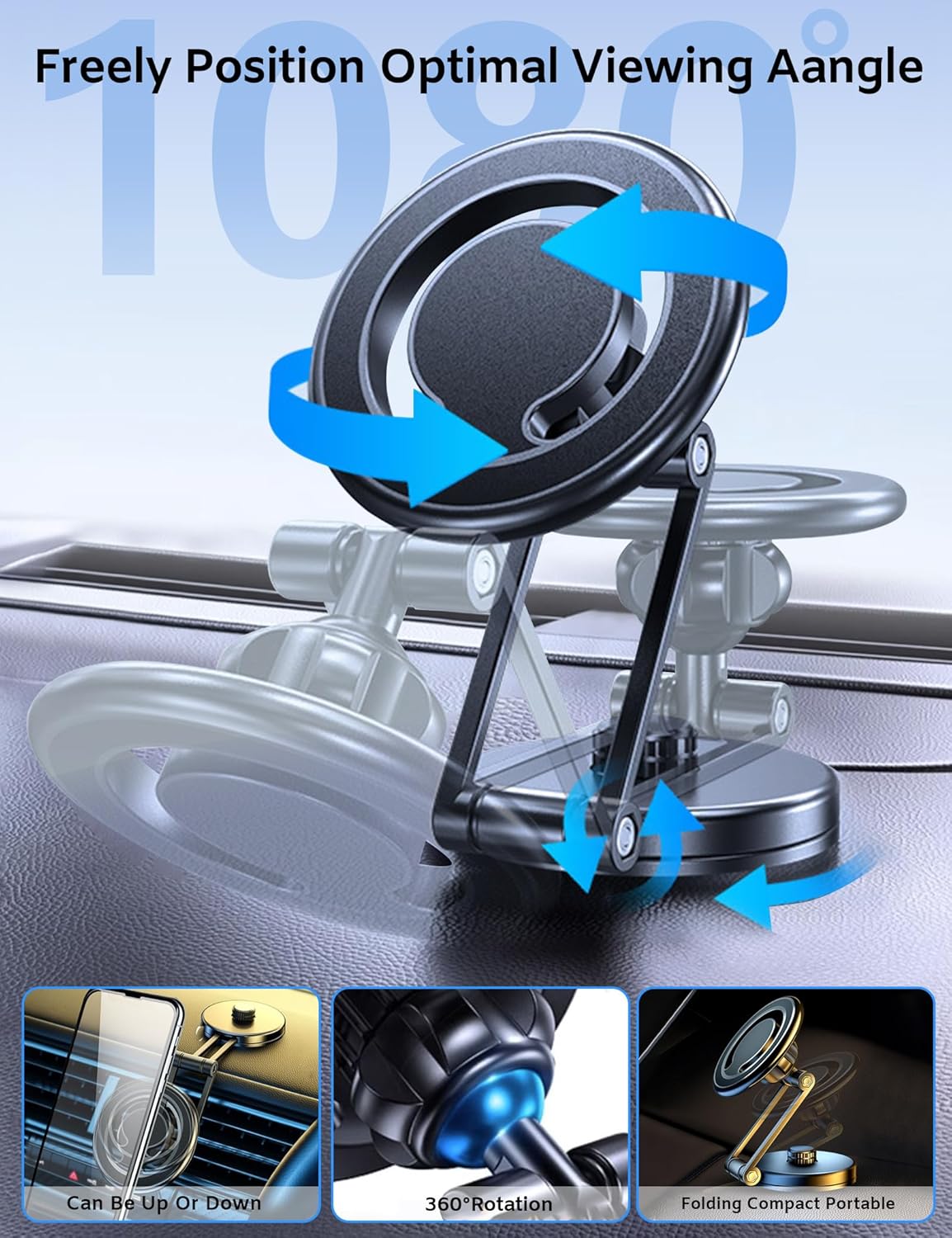 Soporte magnético plegable de aleación para montaje de ventilación de automóvil imán súper fuerte mejorado extensión de longitud, rotación de 360,