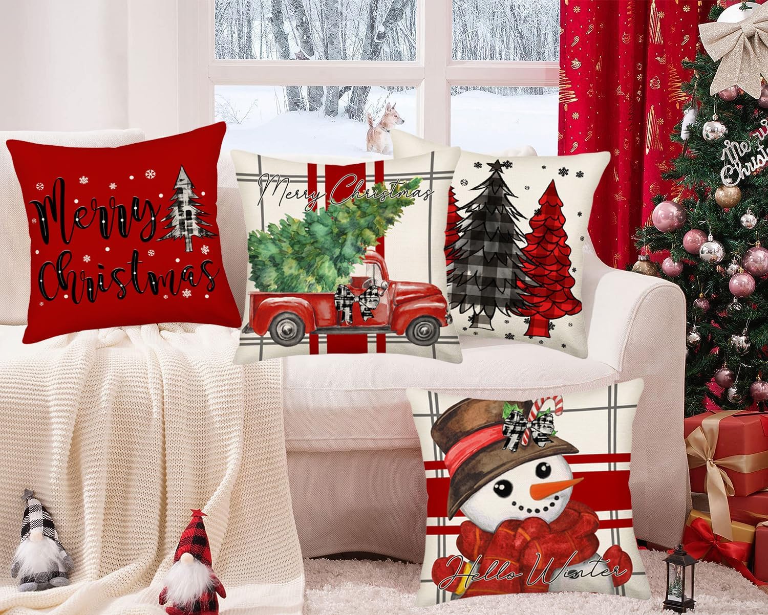 Juego de 4 fundas de almohada con diseño de árbol de Navidad, muñeco de nieve de 22 x 22 pulgadas, color rojo y blanco, decoración de Navidad,