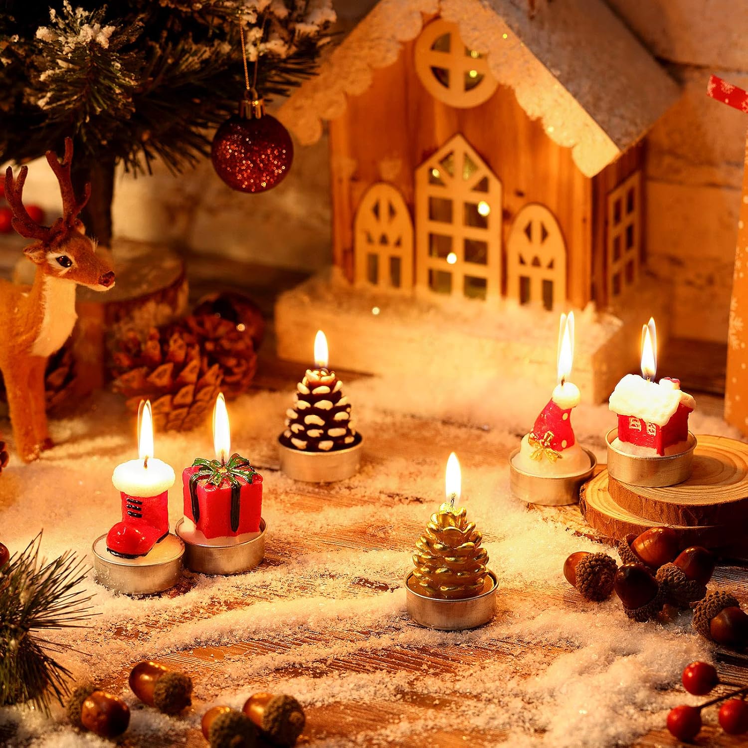 12 velas de Navidad hechas a mano con delicadas velas de Papá Noel, muñeco de nieve, piñas, árbol de Navidad, zapatos, casa, velas de sombrero de