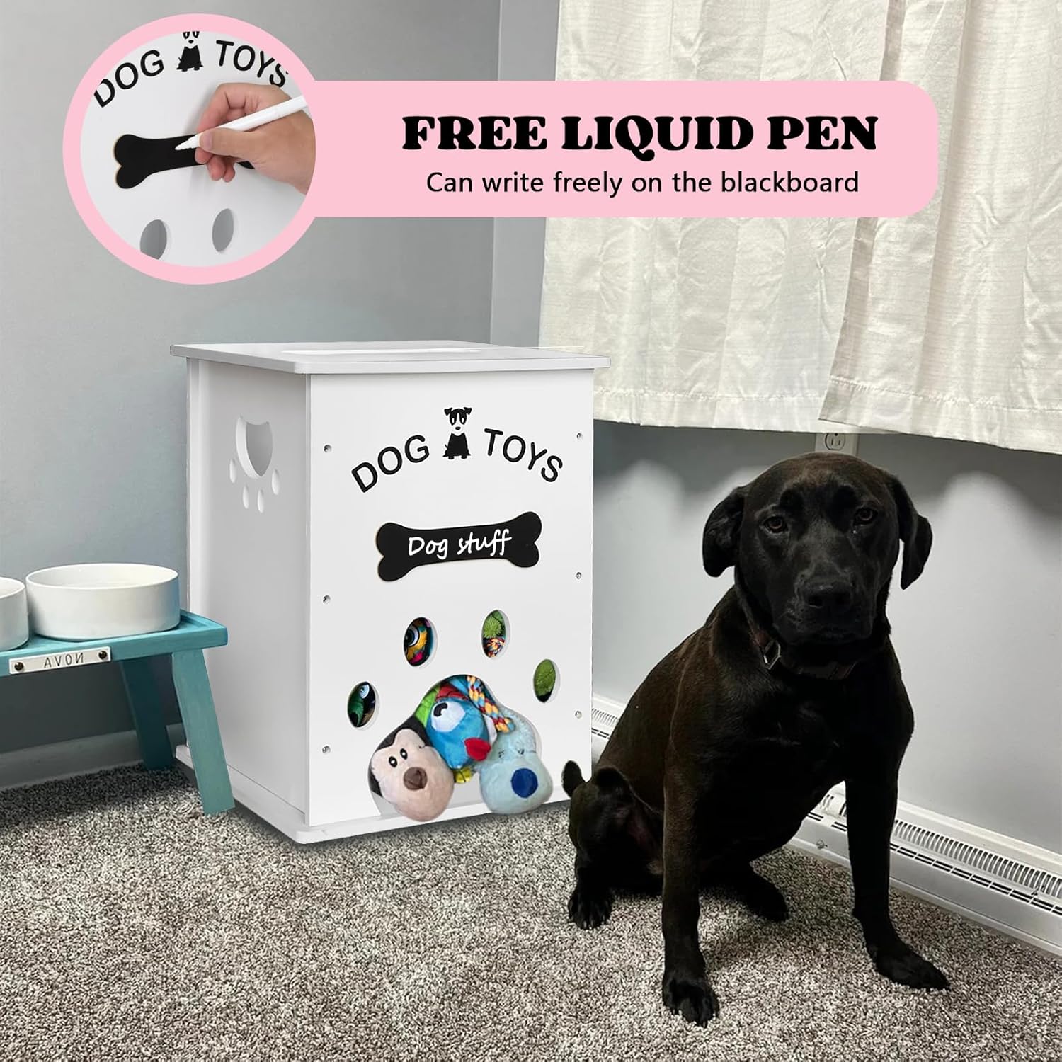Cesta de juguetes para perros, almacenamiento de alimentos para perros y gatos, organizador de cosas grandes de madera para perros con mango hueco,