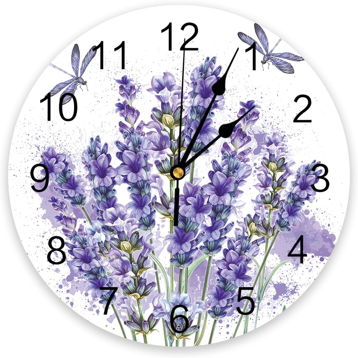 Reloj de pared de PVC con flores de lavanda, silencioso, sin tictac, funciona con pilas, reloj redondo para el hogar, sala de estar, oficina,