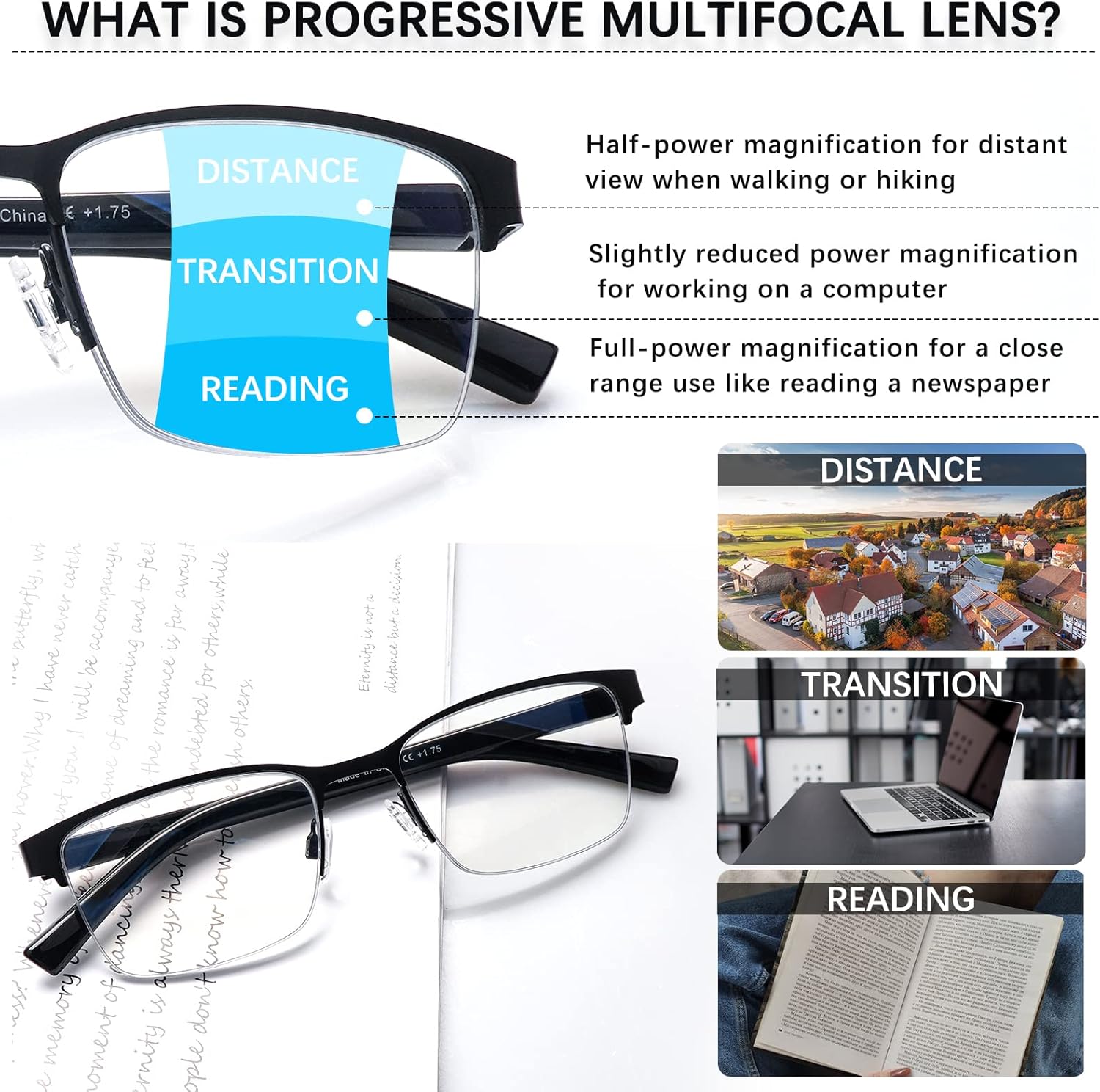 MAEOWN Gafas de lectura multifocales progresivas para hombre, bloqueo de luz azul, bisagra de resorte, lentes para computadora, marco de medio metal