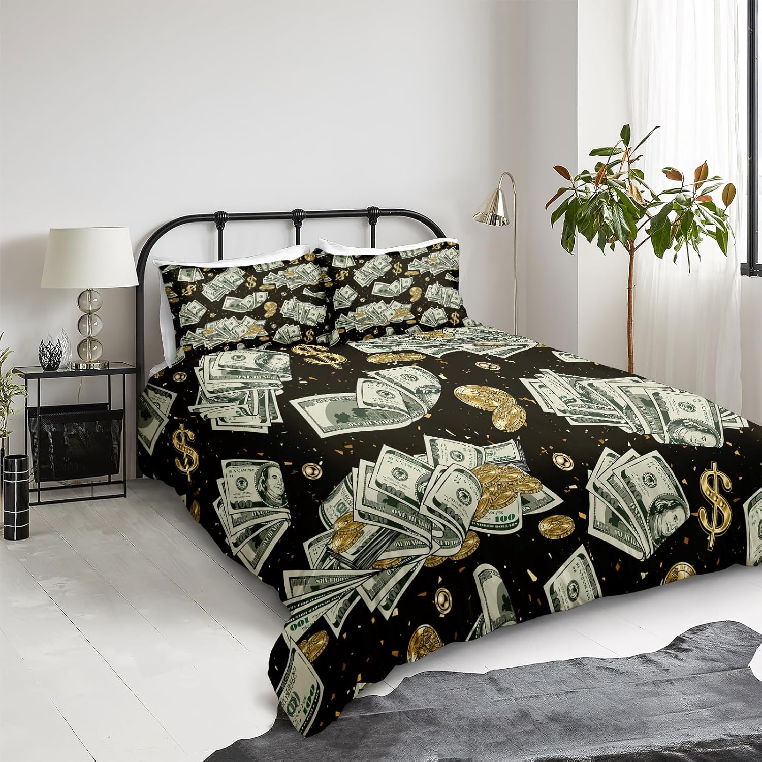 Merryword Juego de funda de edredón de lujo, tamaño King, juego de cama de billetes de dólar, patrón de monedas doradas abstractas, ropa de cama de