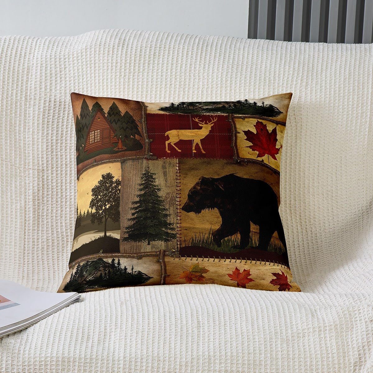 Juego de 2 fundas de almohada rústicas de 24 x 24 pulgadas, fundas de cojín retro de cabaña, fundas de almohada cuadradas decorativas de oso de
