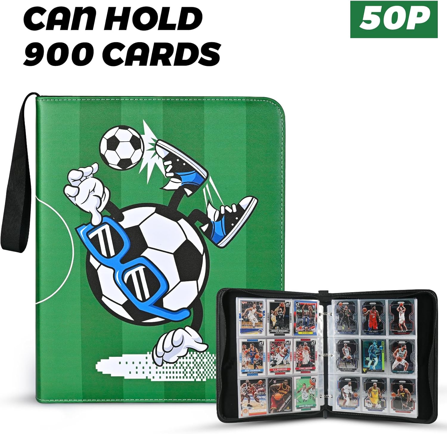Carpeta de tarjetas de fútbol para 900 tarjetas deportivas con 50 fundas extraíbles de doble cara con cremallera, carpeta de tarjetas