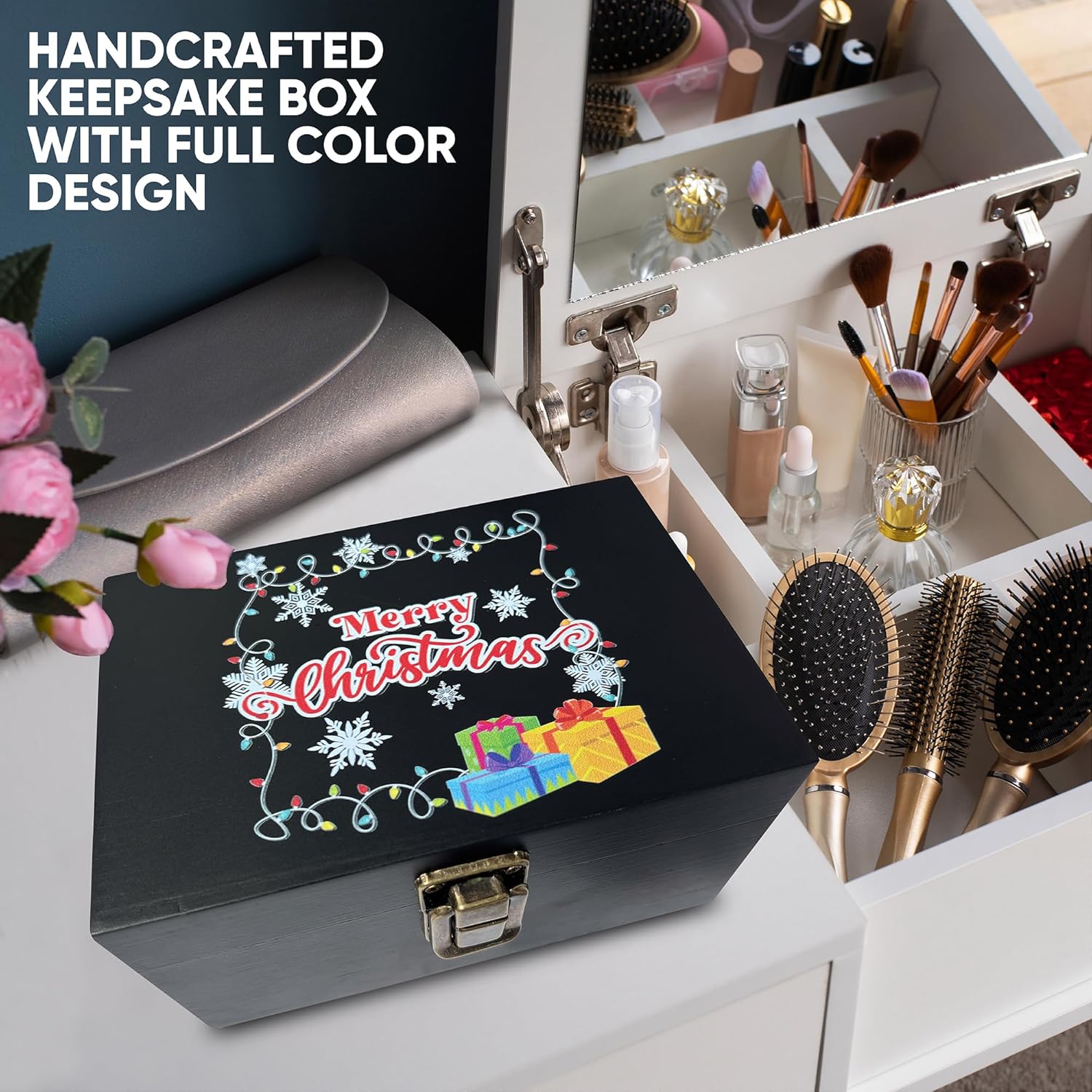 Caja de recuerdos decorativa de Merry Chritmas, caja de almacenamiento de madera negra para Navidad, mujeres, hombres, mamá, papá, fiestas de
