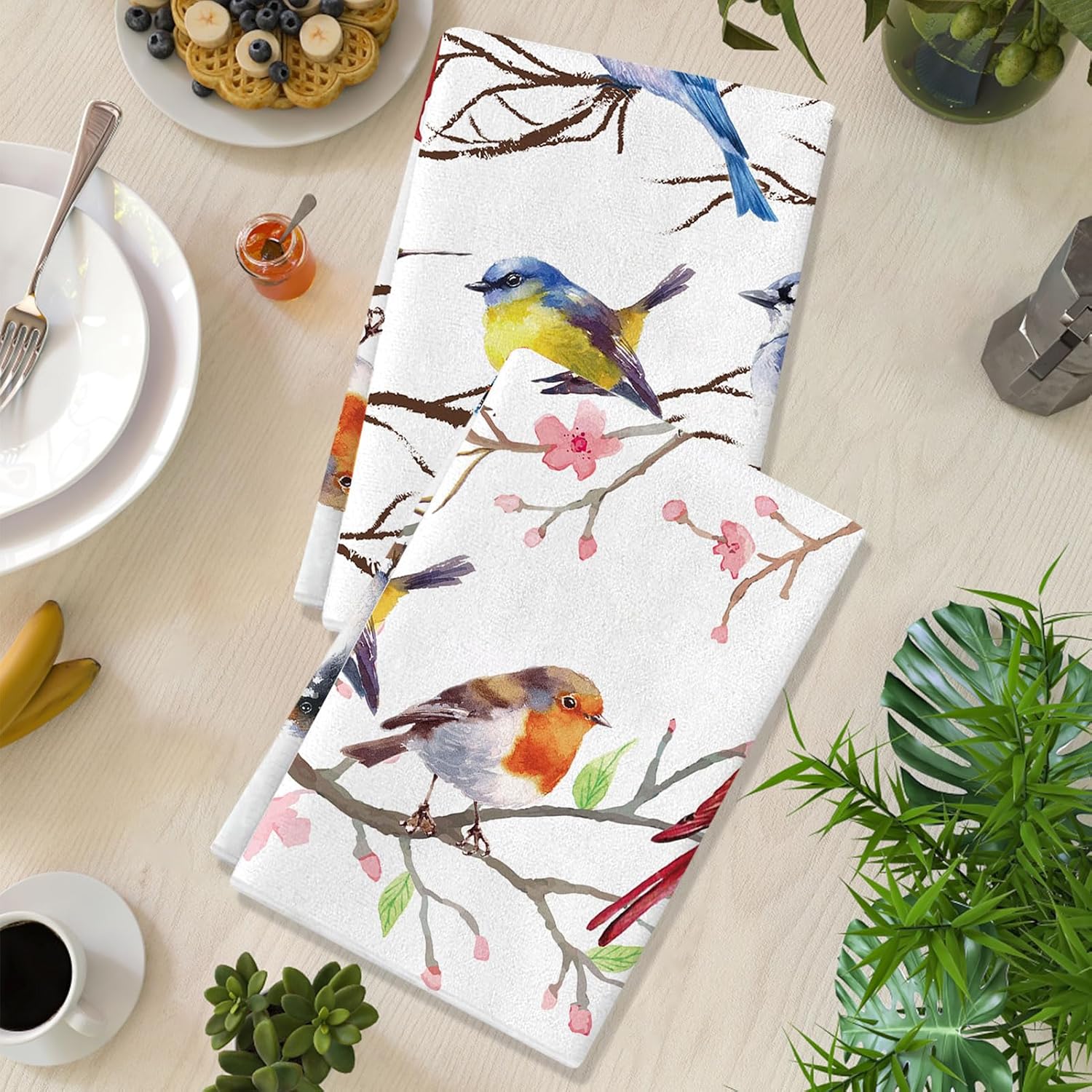 Juego de 4 toallas de cocina con diseño de pájaros, diseño de pájaros en rama, color cardenal, colibrí, azul, toallas de cocina absorbentes para