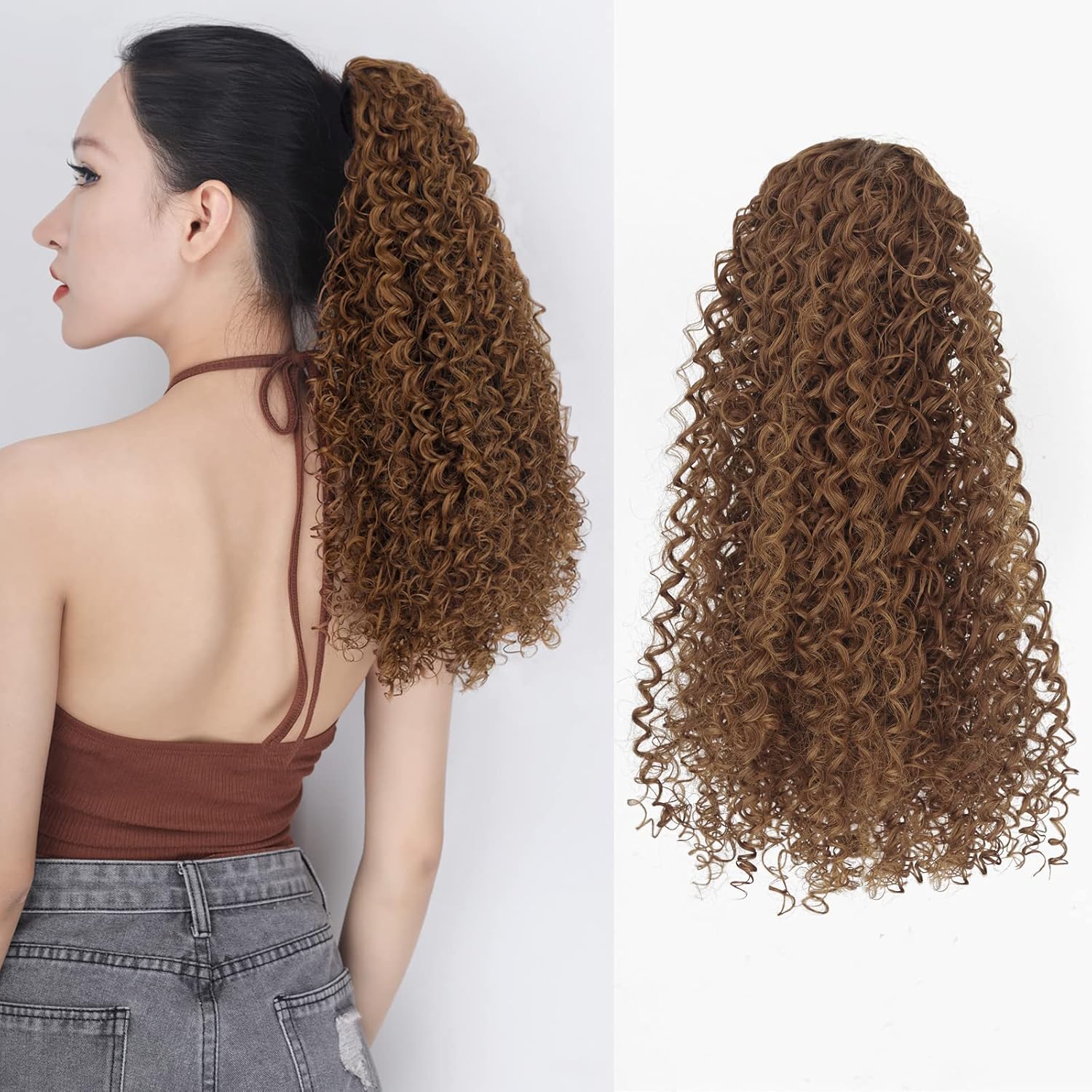 Cola de caballo rizada y ondulada con cordón, color rubio oscuro, pieza de cabello sintético natural, con clip, extensiones de cola de caballo
