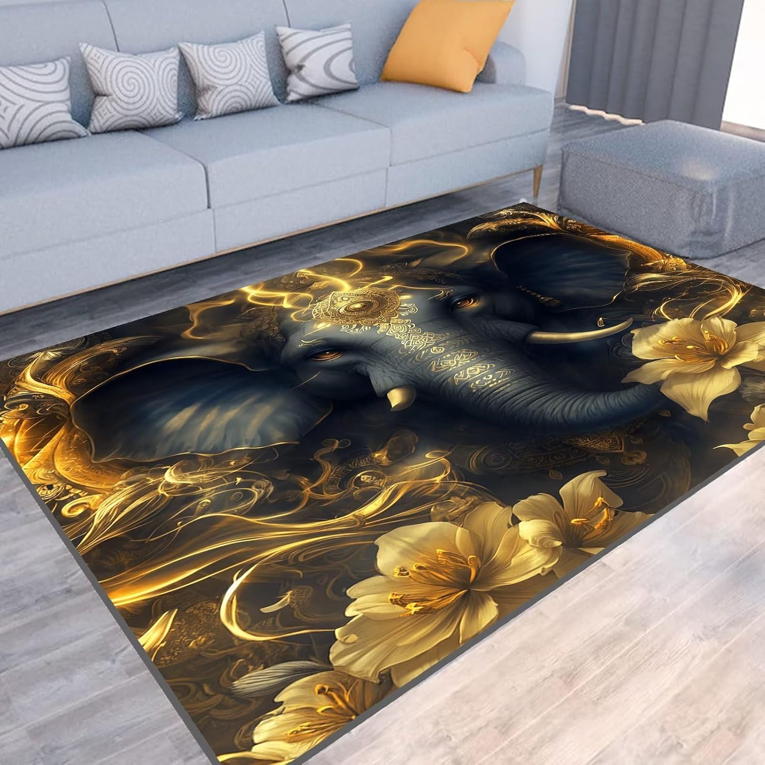 Alfombra de elefante africano, alfombra de flores doradas opulentas para sala de estar, dormitorio, oficina, antideslizante, lavable, tapete para