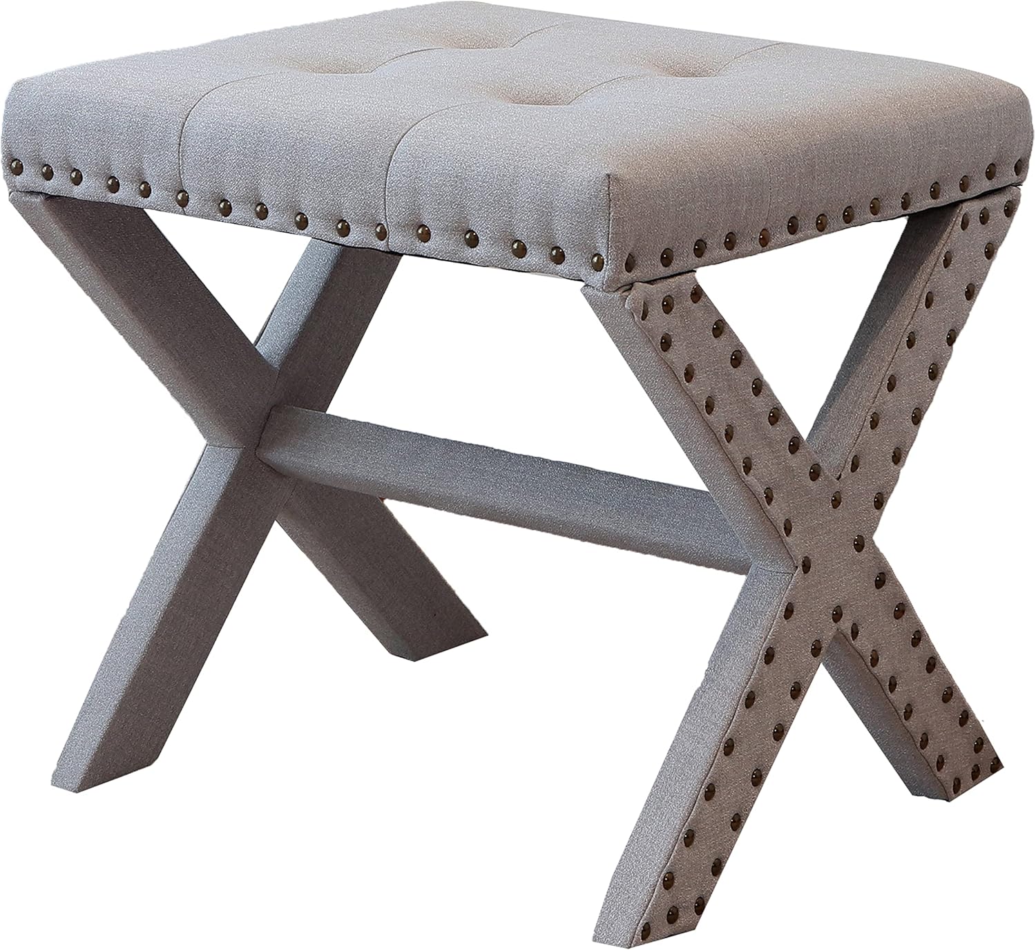 AC Pacific Modern Chic – Taburete tapizado con tela de lino suave, ribete de cabeza de clavo, asiento copetudo y marco de madera maciza, 19 pulgadas