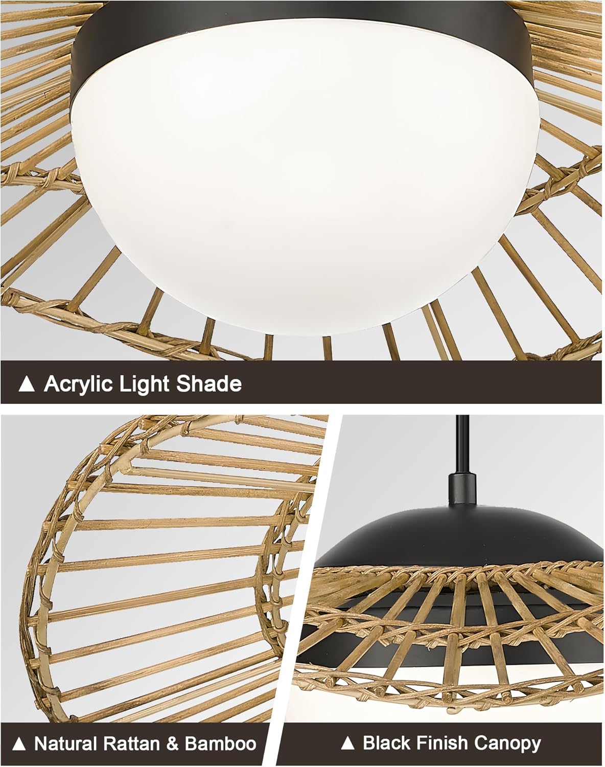 HWH – Lámpara colgante de ratán LED, lámpara colgante de bambú de 20 pulgadas, iluminación costera tejida a mano, sombrero de paja, jaula de paja,