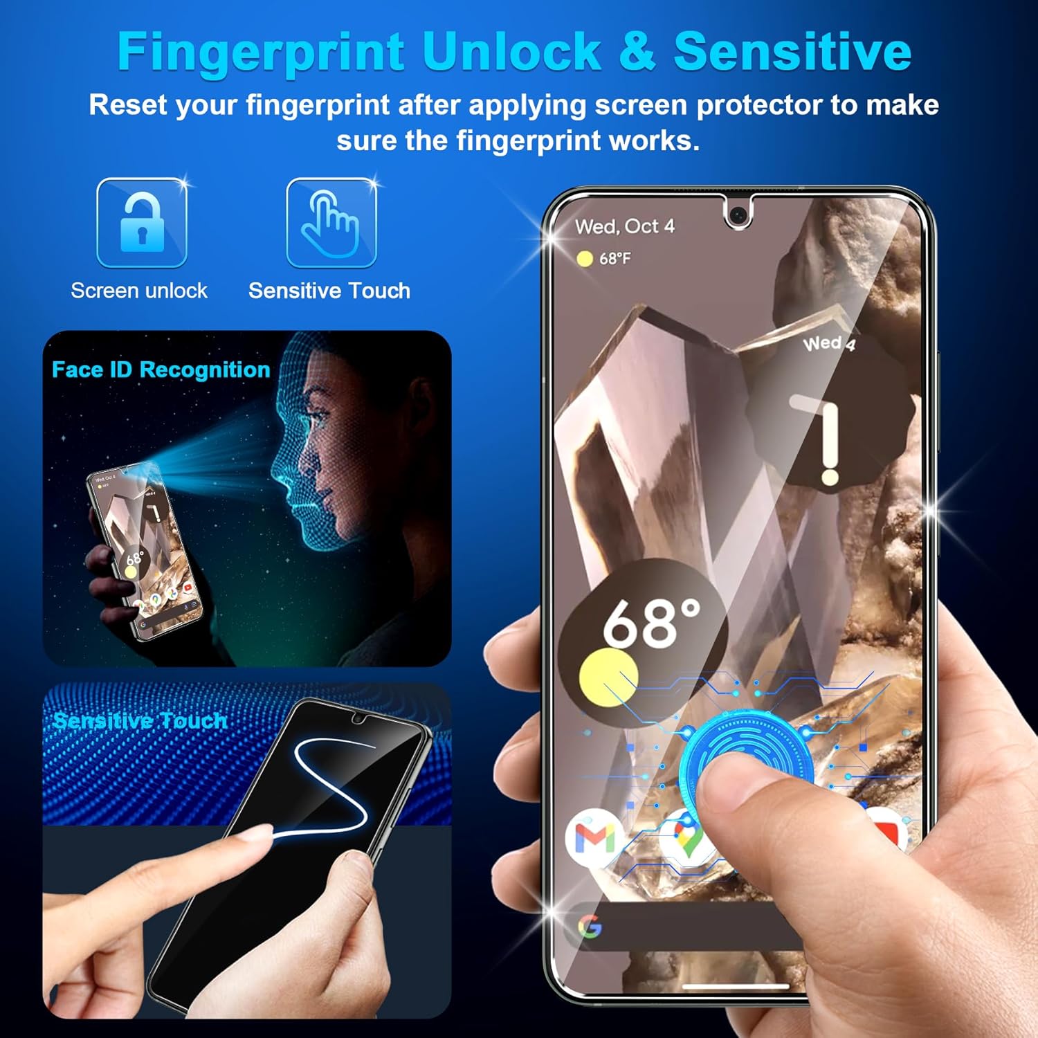 letosan Paquete de 4 protectores de pantalla de vidrio templado para Google Pixel 8 Pro 5G, dureza 9H, desbloqueo ultrasónico de huellas dactilares,