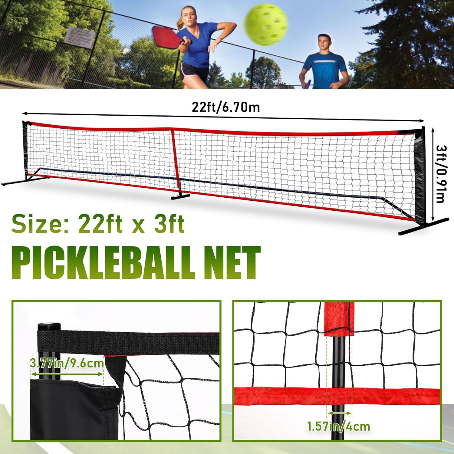 TOBWOLF Red de repuesto de pickleball de 22 x 3 pies, soporte de bolas para redes de pickleball, soporte de red de pickleball para poste oficial
