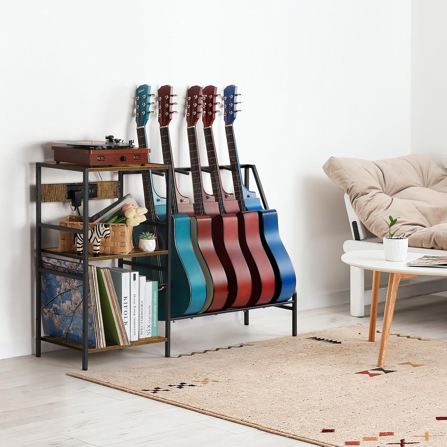 OYEAL Soporte para guitarra eléctrica con almacenamiento de discos de vinilo, soporte para múltiples guitarras con estación de carga para acústico,