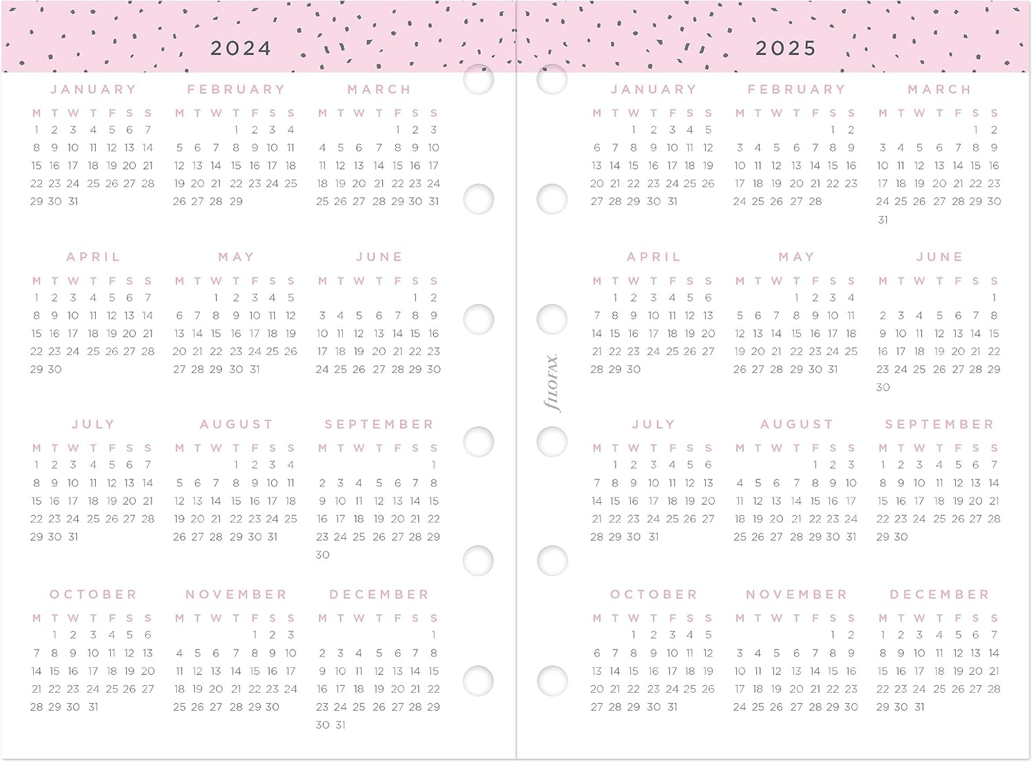 Filofax Recambio de diario de calendario, tamaño de bolsillo, semana a vista, paquete de diario mínimo de confeti, multilingüe cinco idiomas, 2024